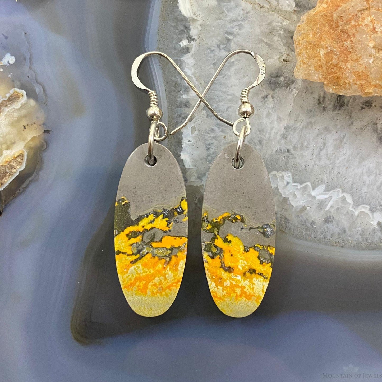 Sterling Silver Oval Bumblebee Jasper Dangle Earrings For Women #025