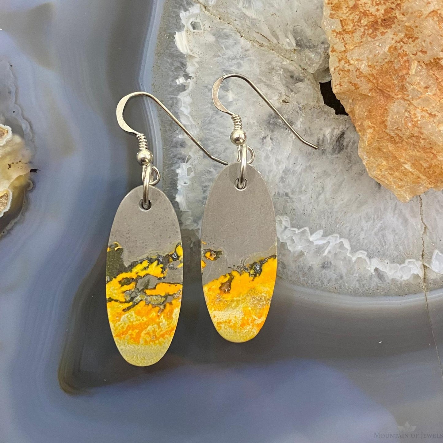 Sterling Silver Oval Bumblebee Jasper Dangle Earrings For Women #025