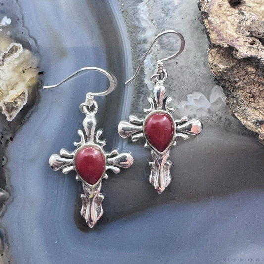 Sterling Silver Southwestern Style Red Stone Cross Dangle Earrings For Women