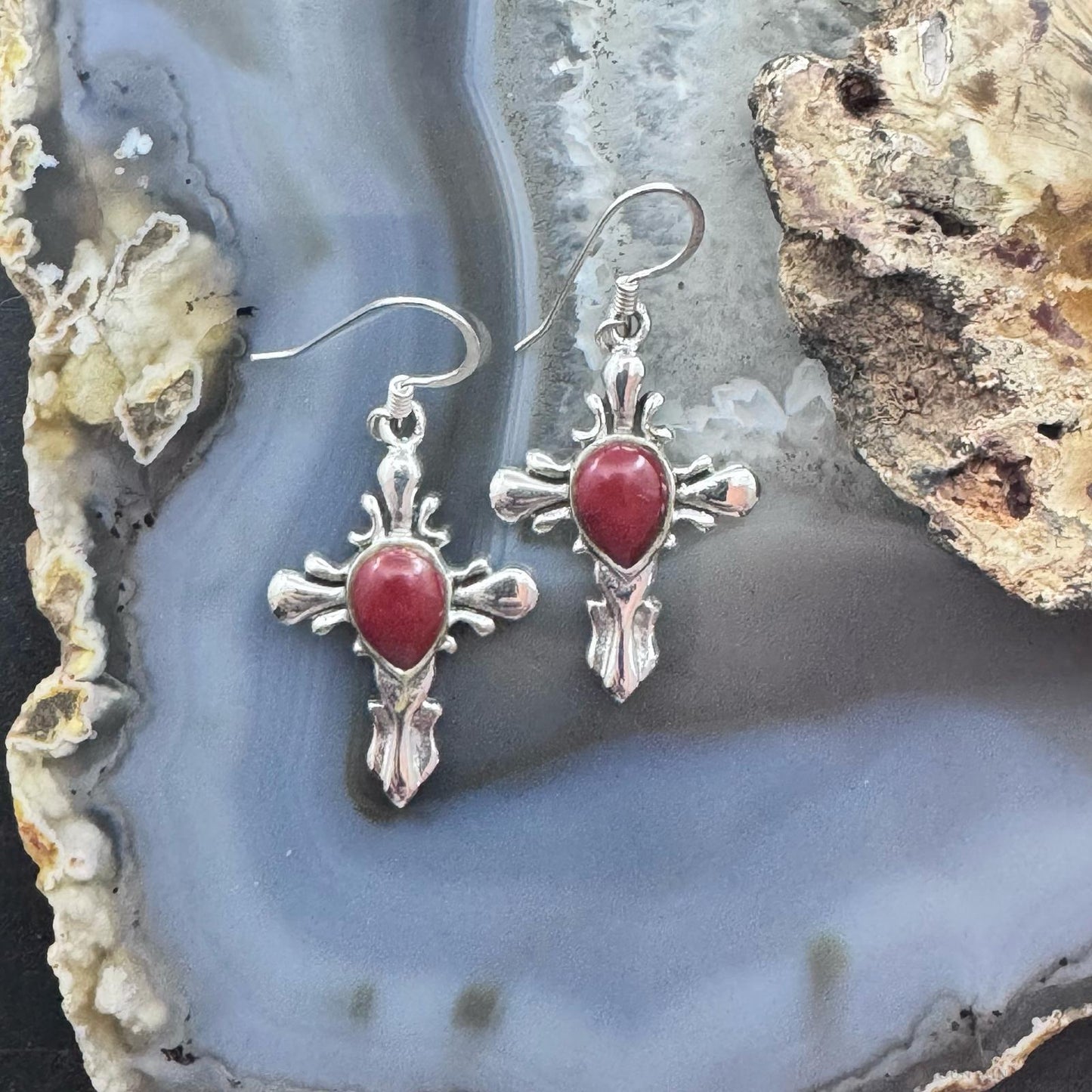 Sterling Silver Southwestern Style Red Stone Cross Dangle Earrings For Women