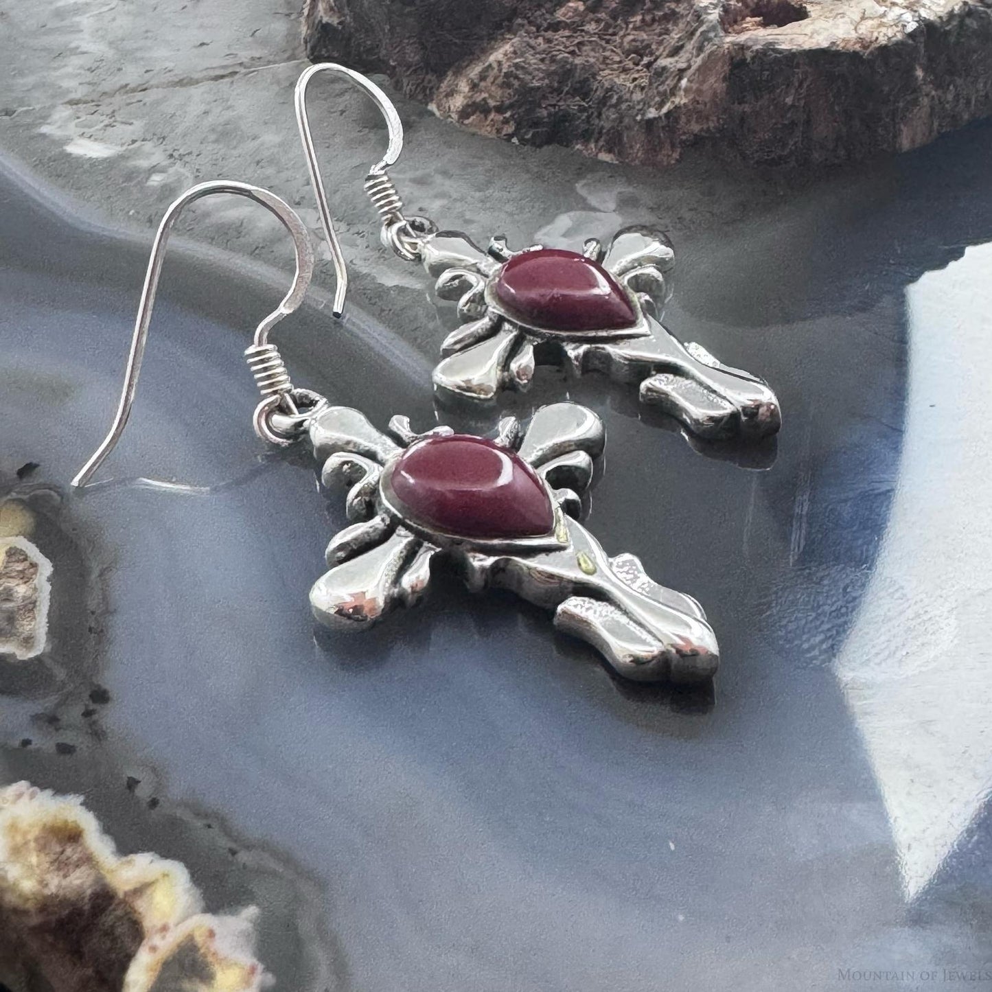 Sterling Silver Southwestern Style Red Stone Cross Dangle Earrings For Women