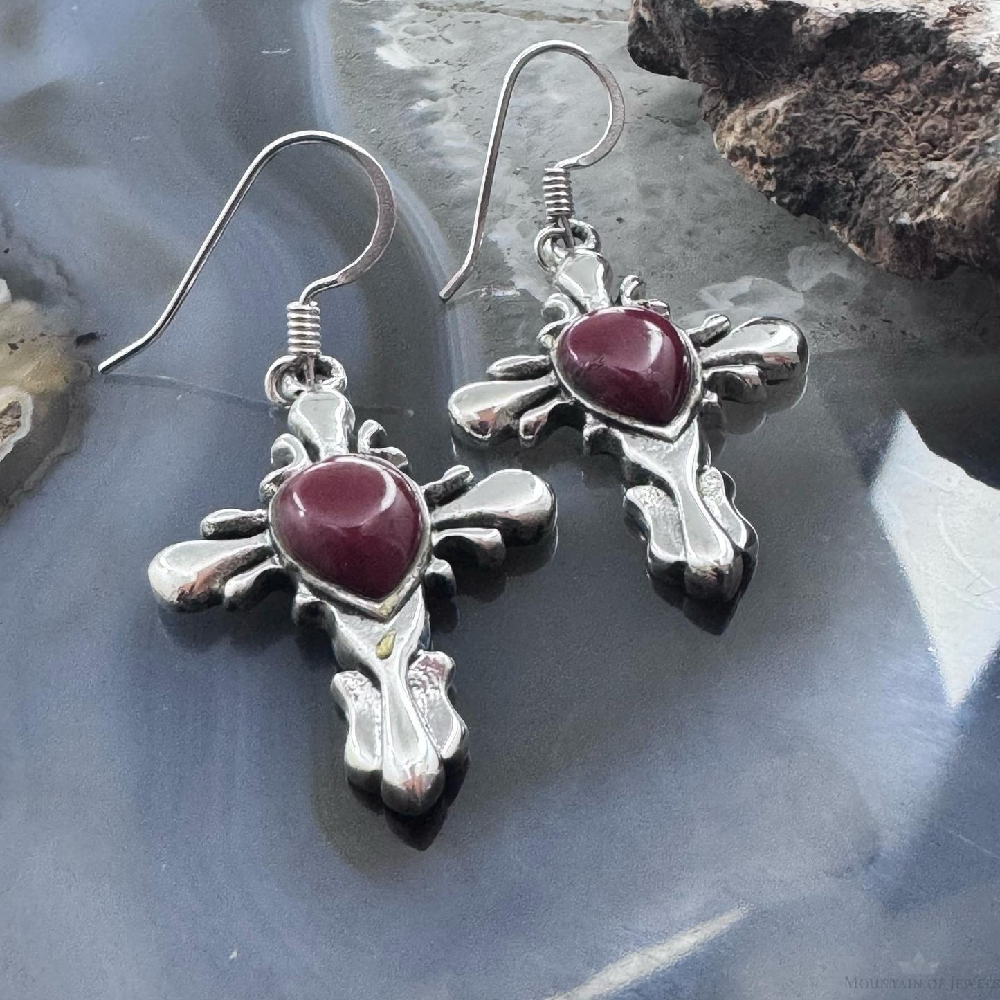 Sterling Silver Southwestern Style Red Stone Cross Dangle Earrings For Women