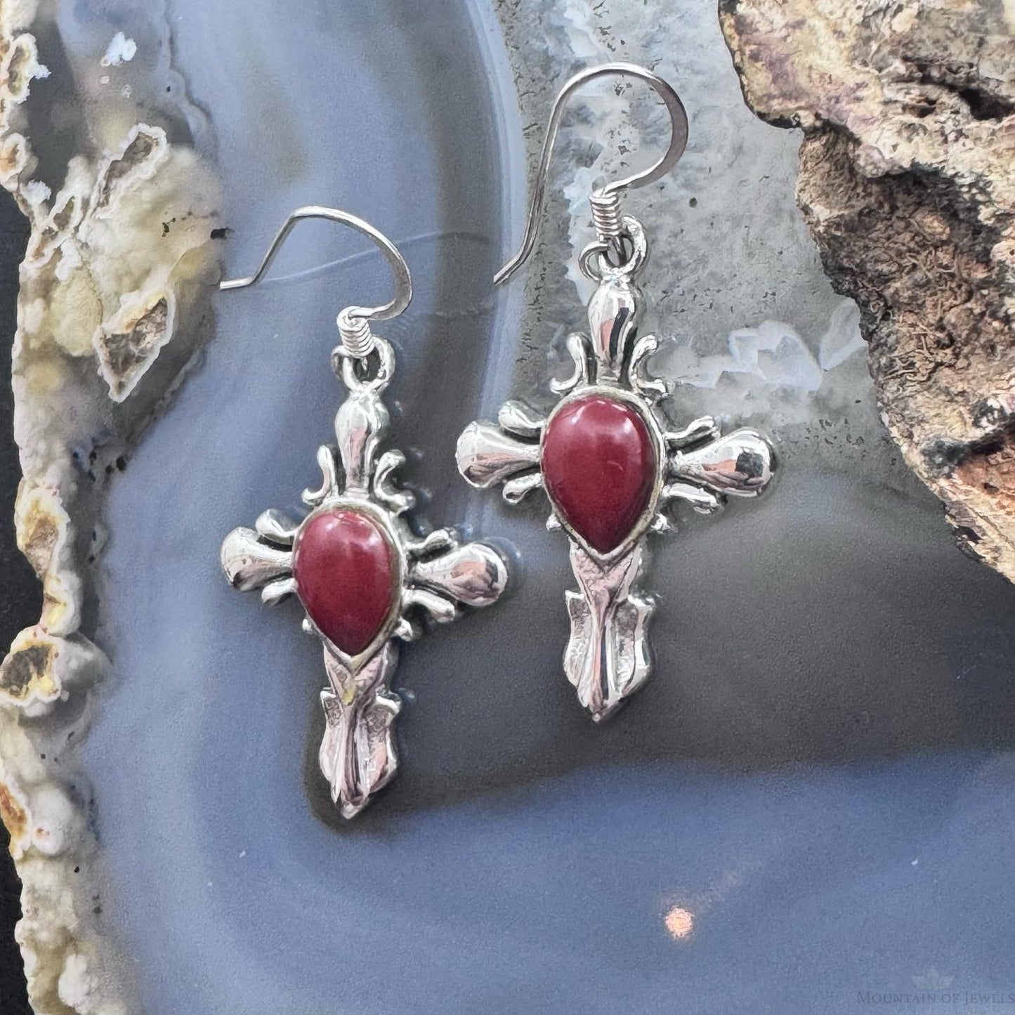 Sterling Silver Southwestern Style Red Stone Cross Dangle Earrings For Women