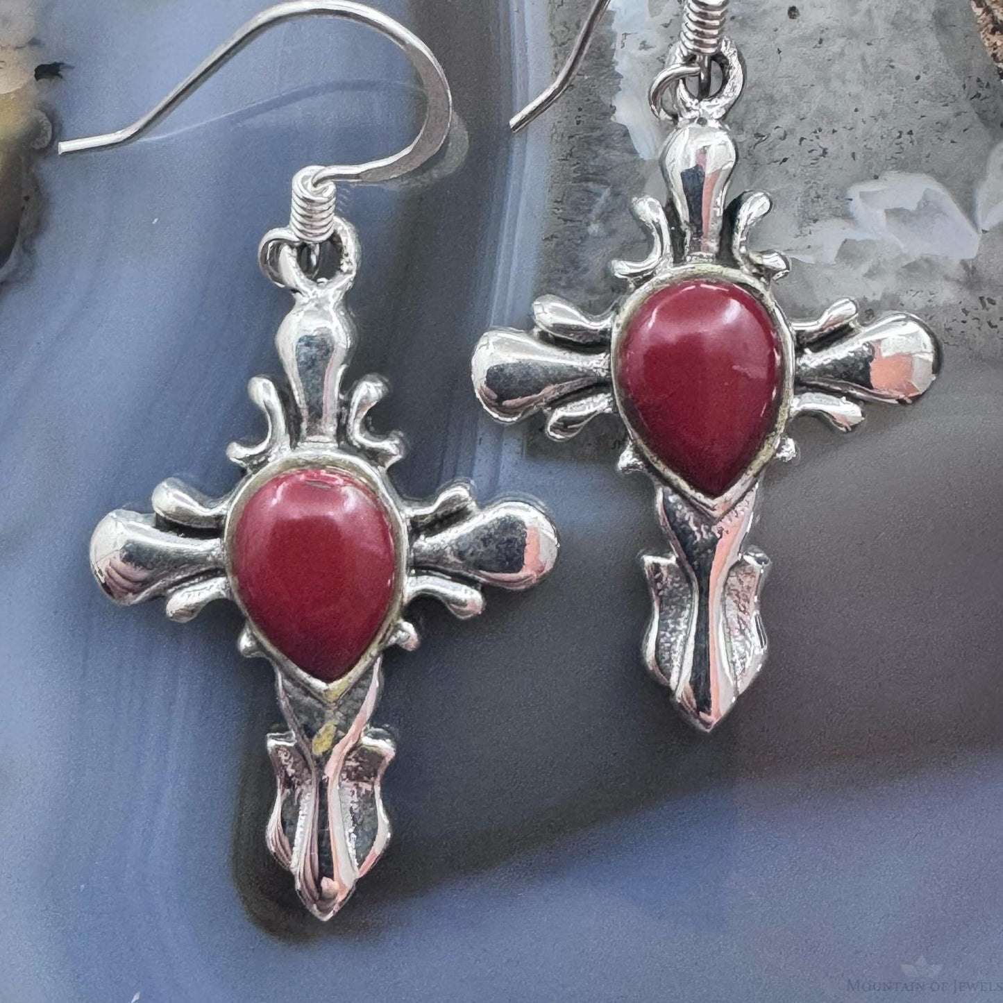 Sterling Silver Southwestern Style Red Stone Cross Dangle Earrings For Women