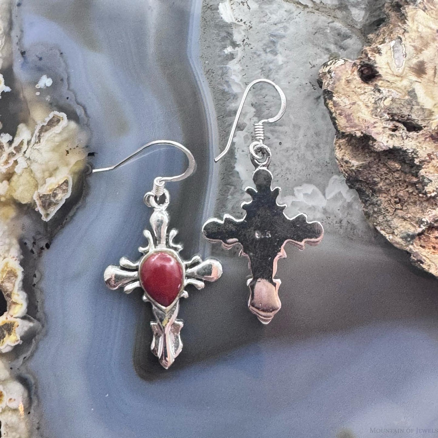 Sterling Silver Southwestern Style Red Stone Cross Dangle Earrings For Women