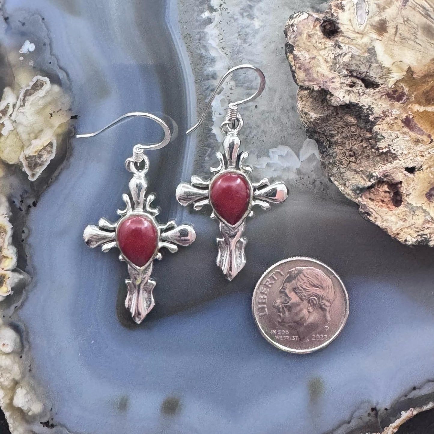 Sterling Silver Southwestern Style Red Stone Cross Dangle Earrings For Women