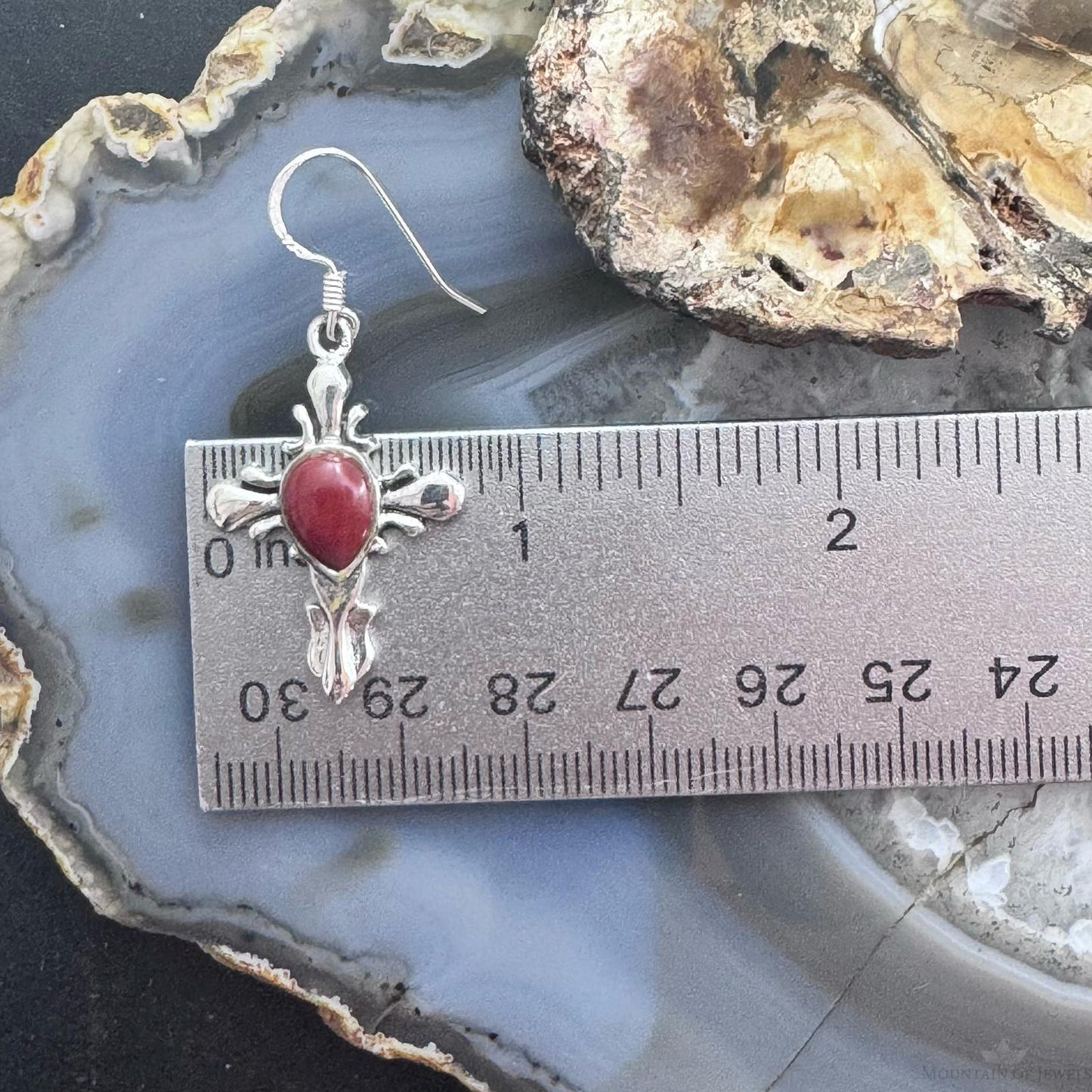 Sterling Silver Southwestern Style Red Stone Cross Dangle Earrings For Women