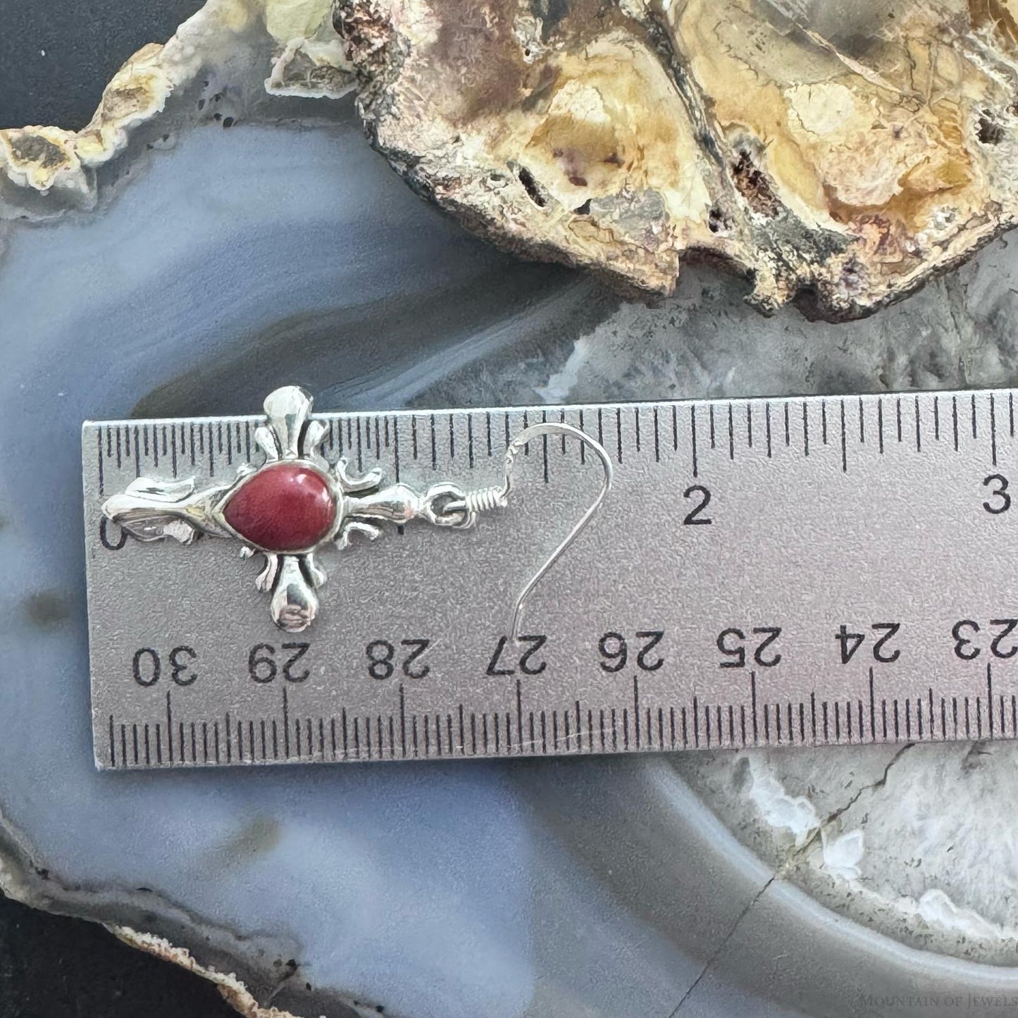 Sterling Silver Southwestern Style Red Stone Cross Dangle Earrings For Women