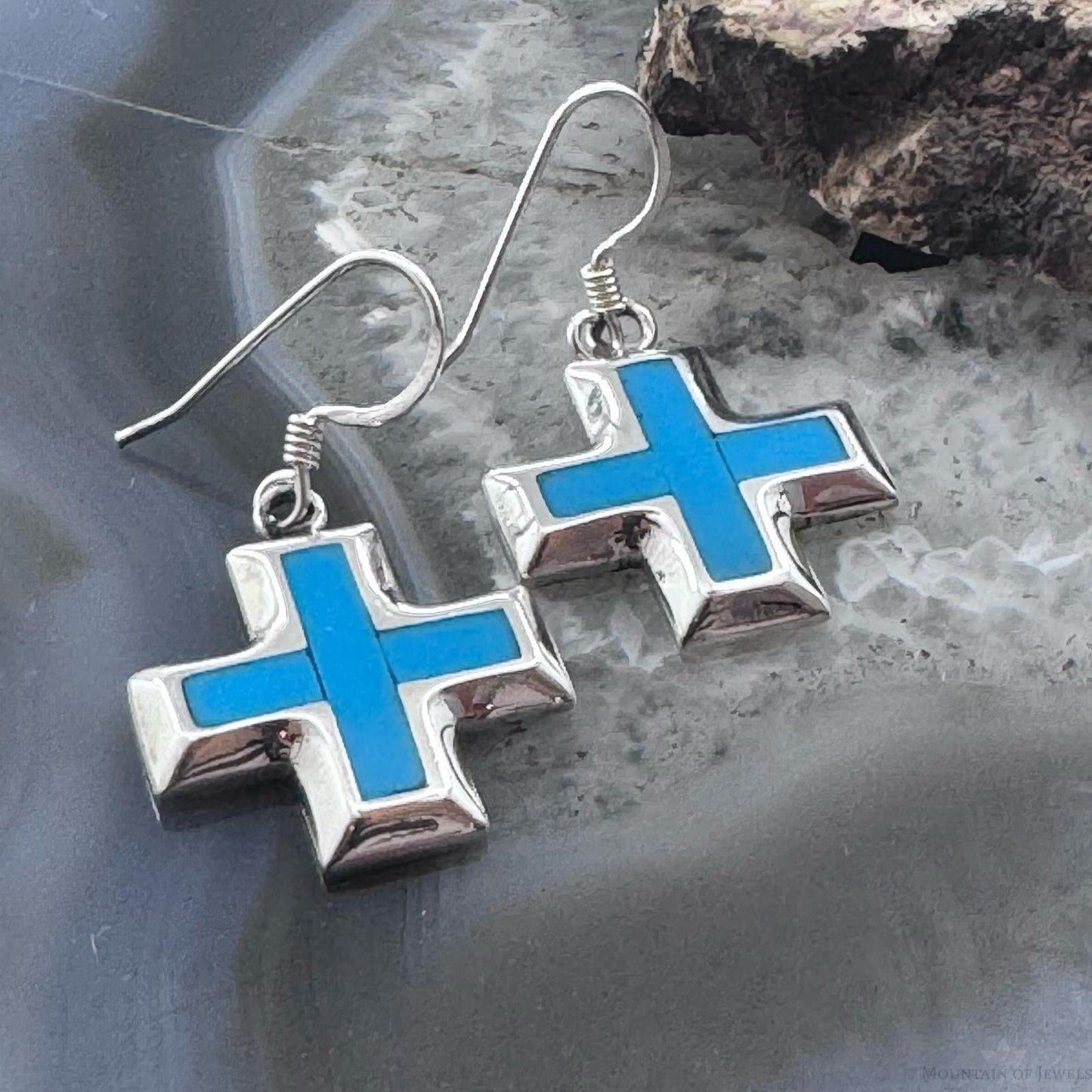 Sterling Silver Southwestern Style Turquoise Cross Dangle Earrings For Women