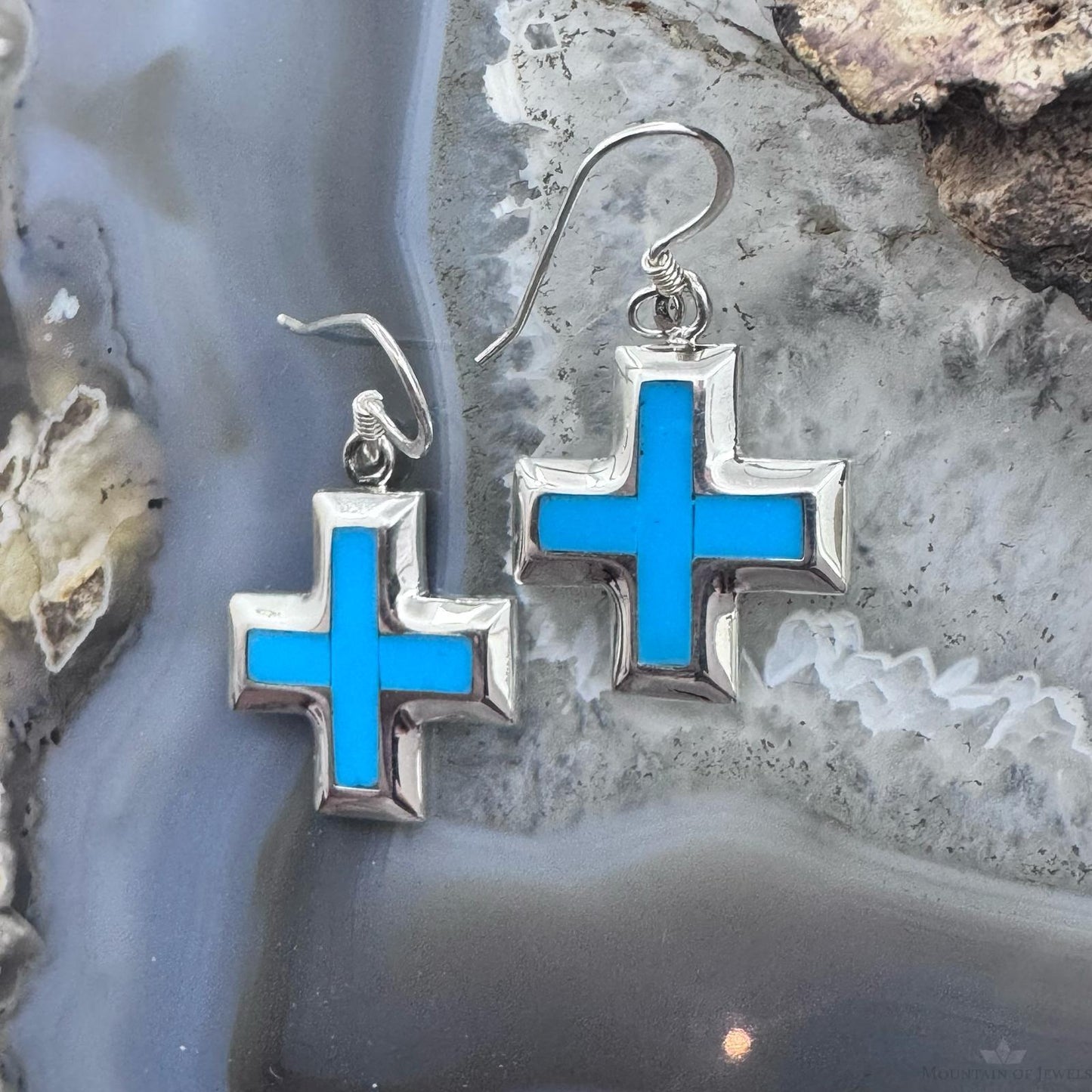 Sterling Silver Southwestern Style Turquoise Cross Dangle Earrings For Women