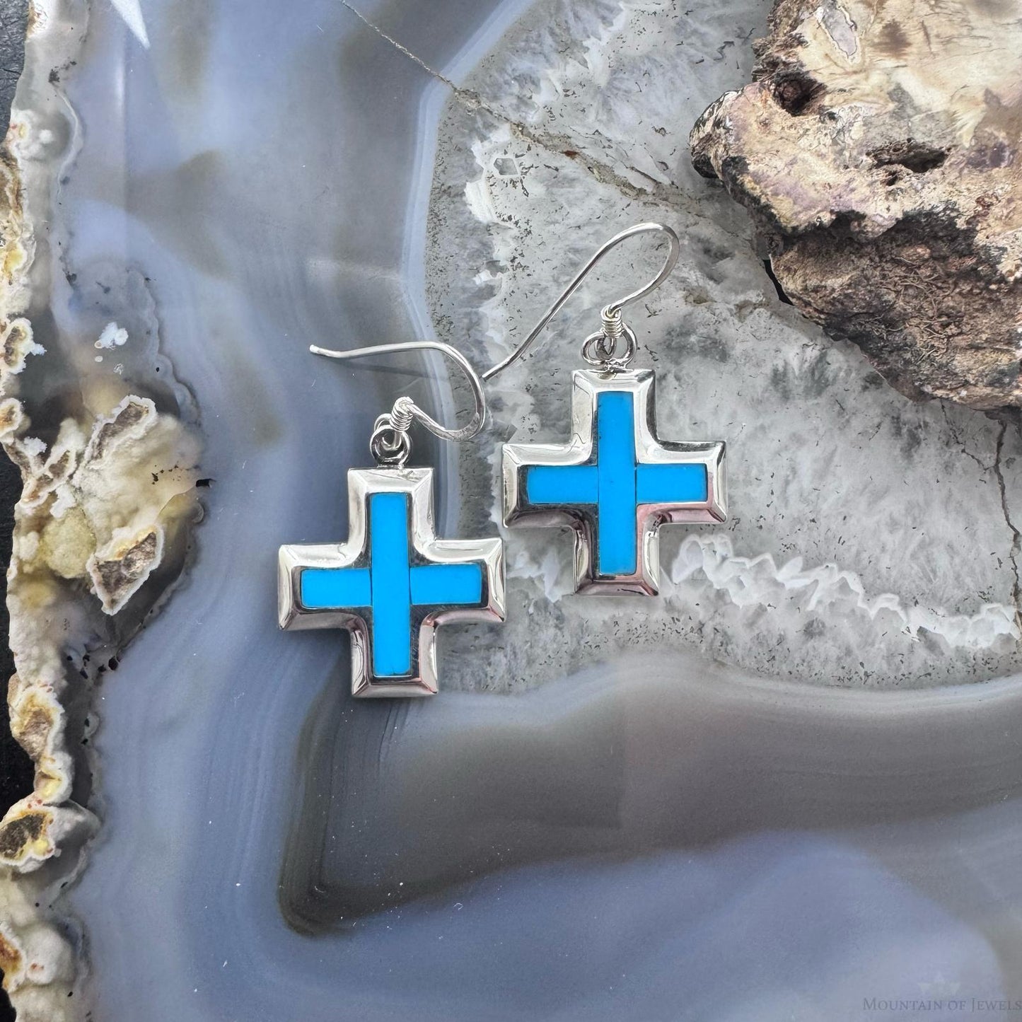 Sterling Silver Southwestern Style Turquoise Cross Dangle Earrings For Women