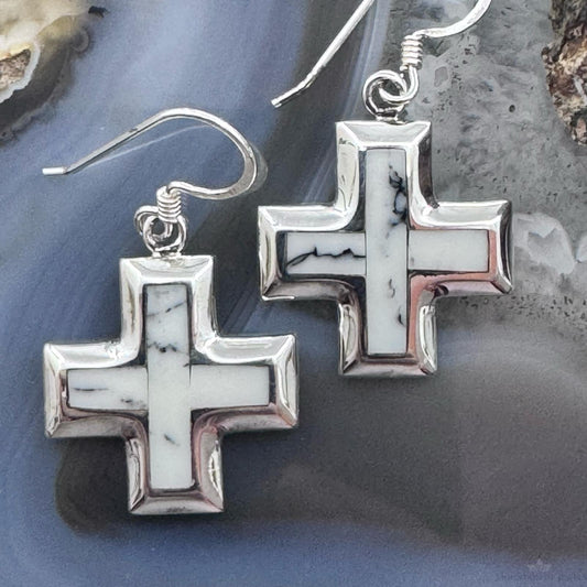 Sterling Silver Southwestern Style Howlite Inlay Cross Dangle Earrings For Women