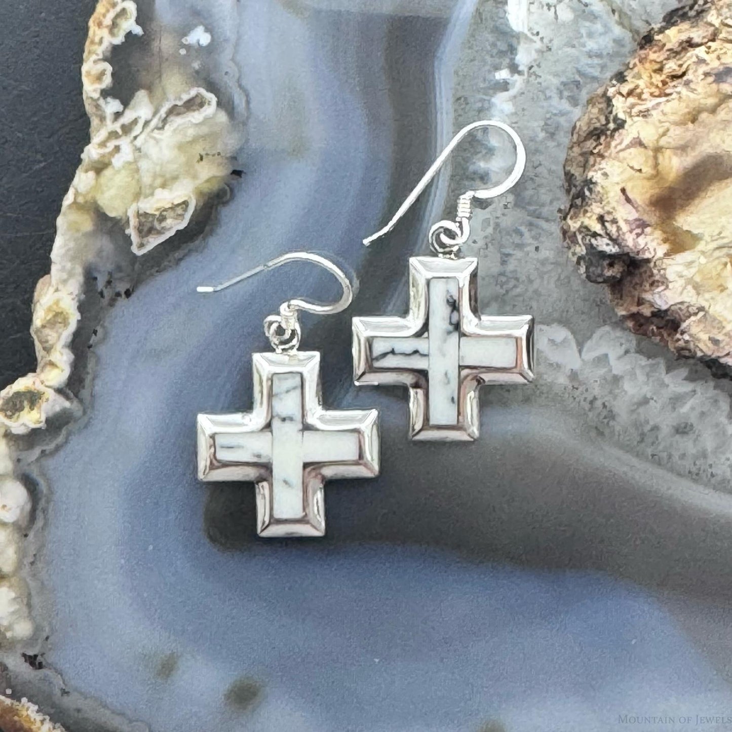 Sterling Silver Southwestern Style Howlite Inlay Cross Dangle Earrings For Women
