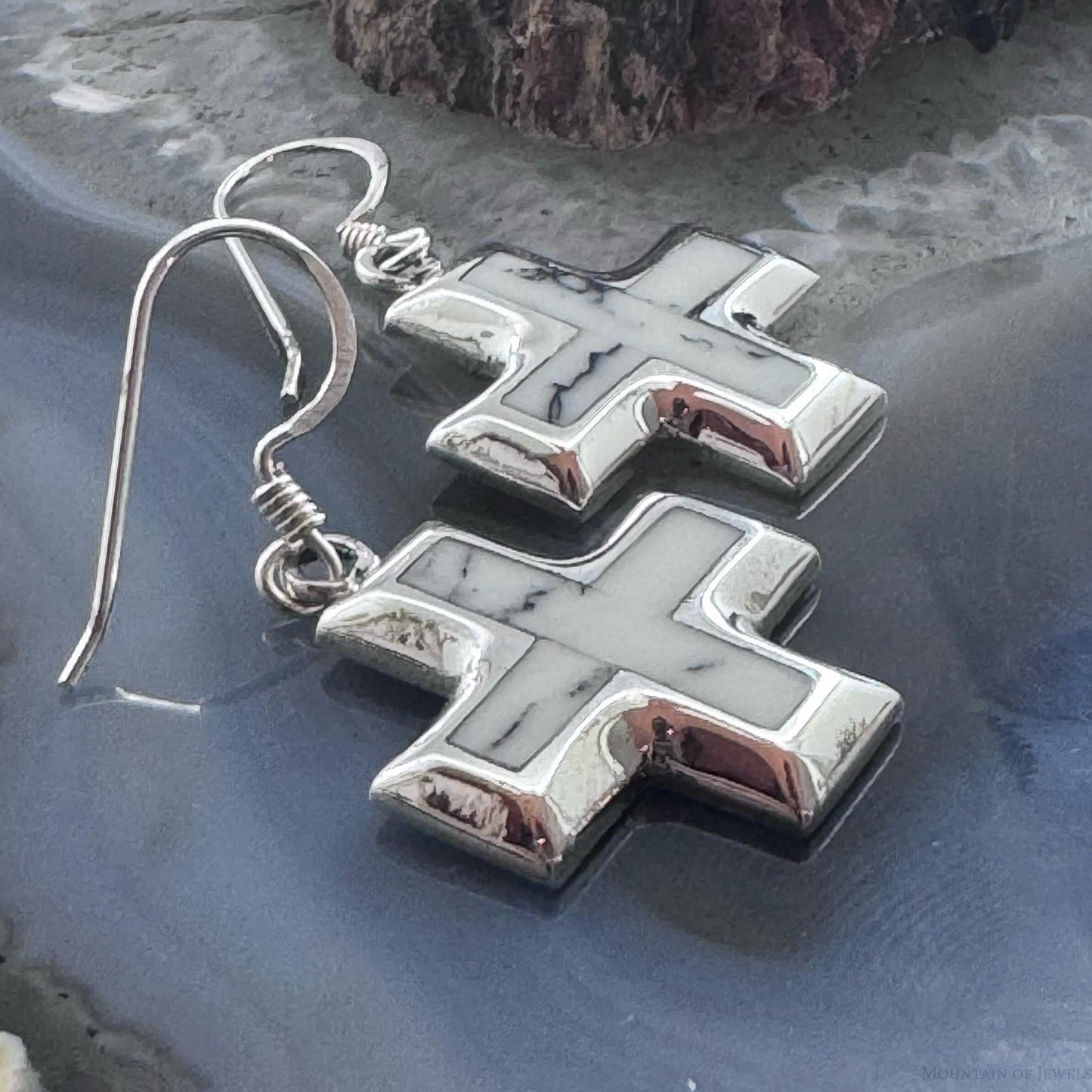 Sterling Silver Southwestern Style Howlite Inlay Cross Dangle Earrings For Women
