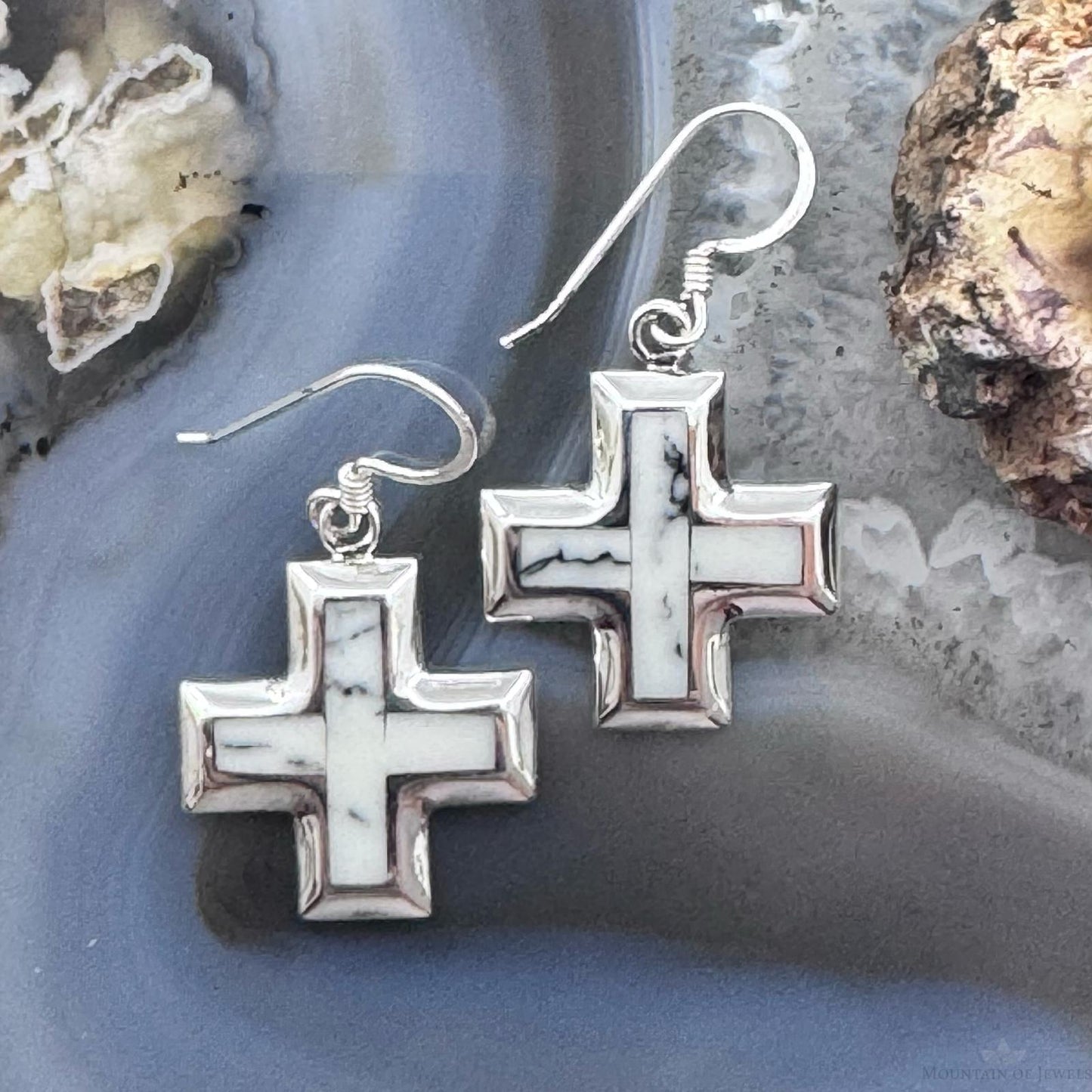 Sterling Silver Southwestern Style Howlite Inlay Cross Dangle Earrings For Women
