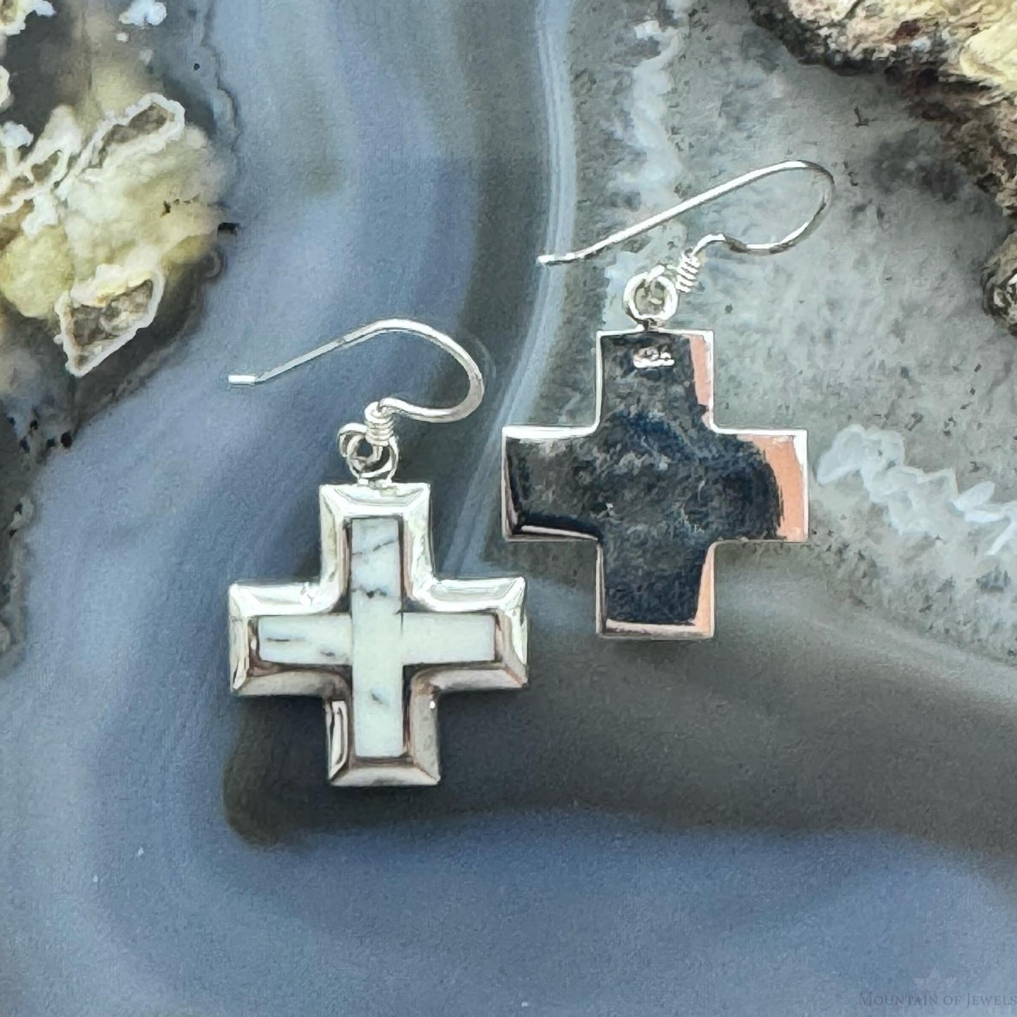 Sterling Silver Southwestern Style Howlite Inlay Cross Dangle Earrings For Women