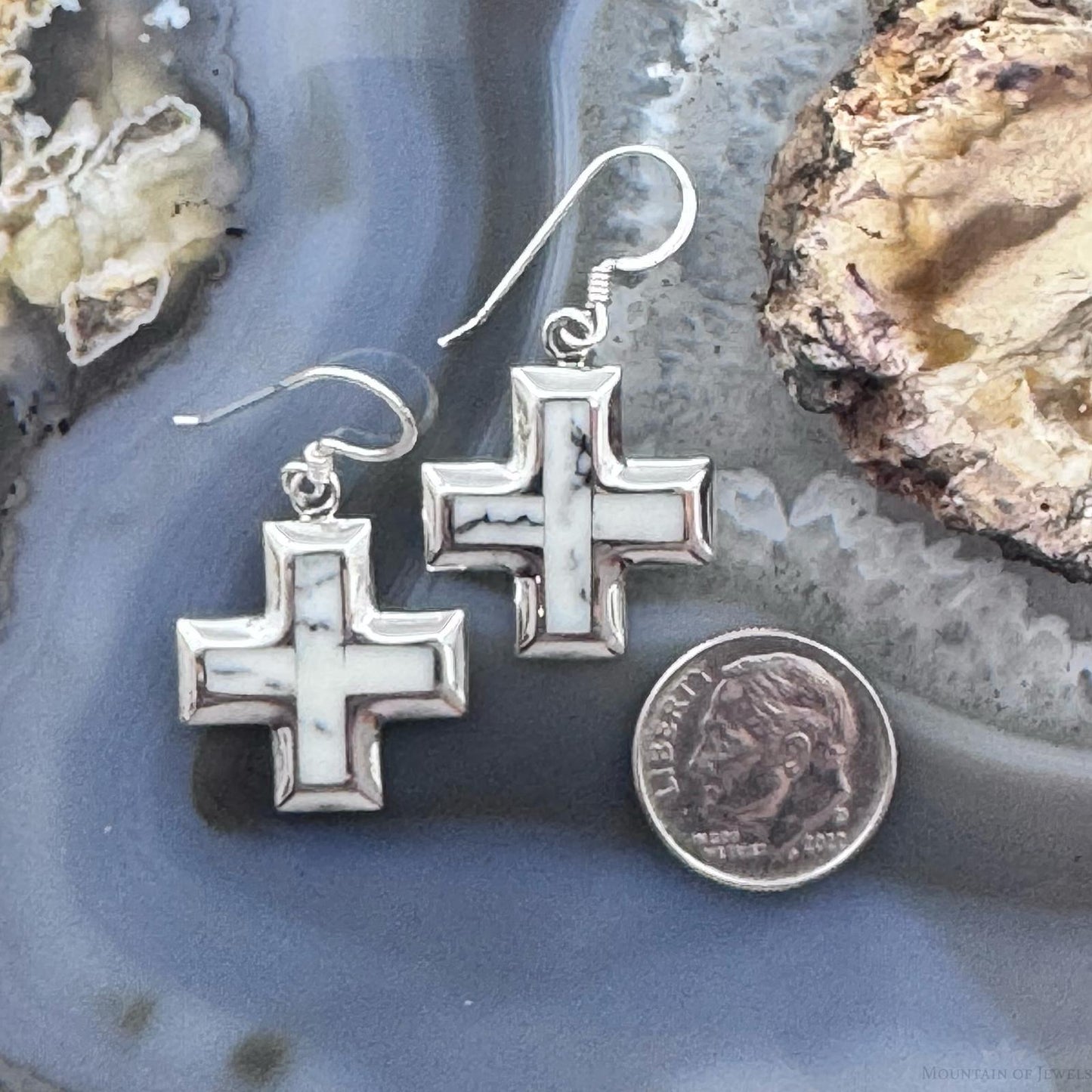 Sterling Silver Southwestern Style Howlite Inlay Cross Dangle Earrings For Women