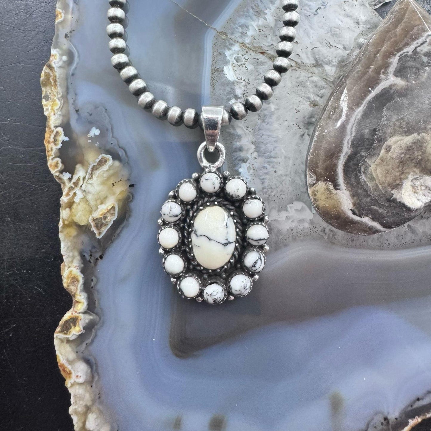 Sterling Silver Southwestern Style Howlite Cluster Decorated Pendant For Women