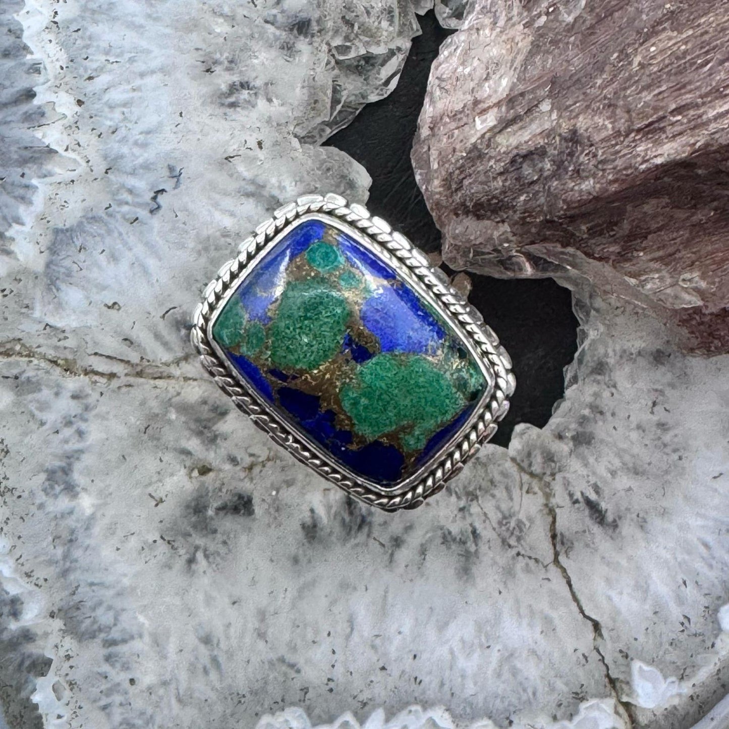 Sterling Silver Southwestern Style Malachite Azurite Ring Size 7.75 For Women