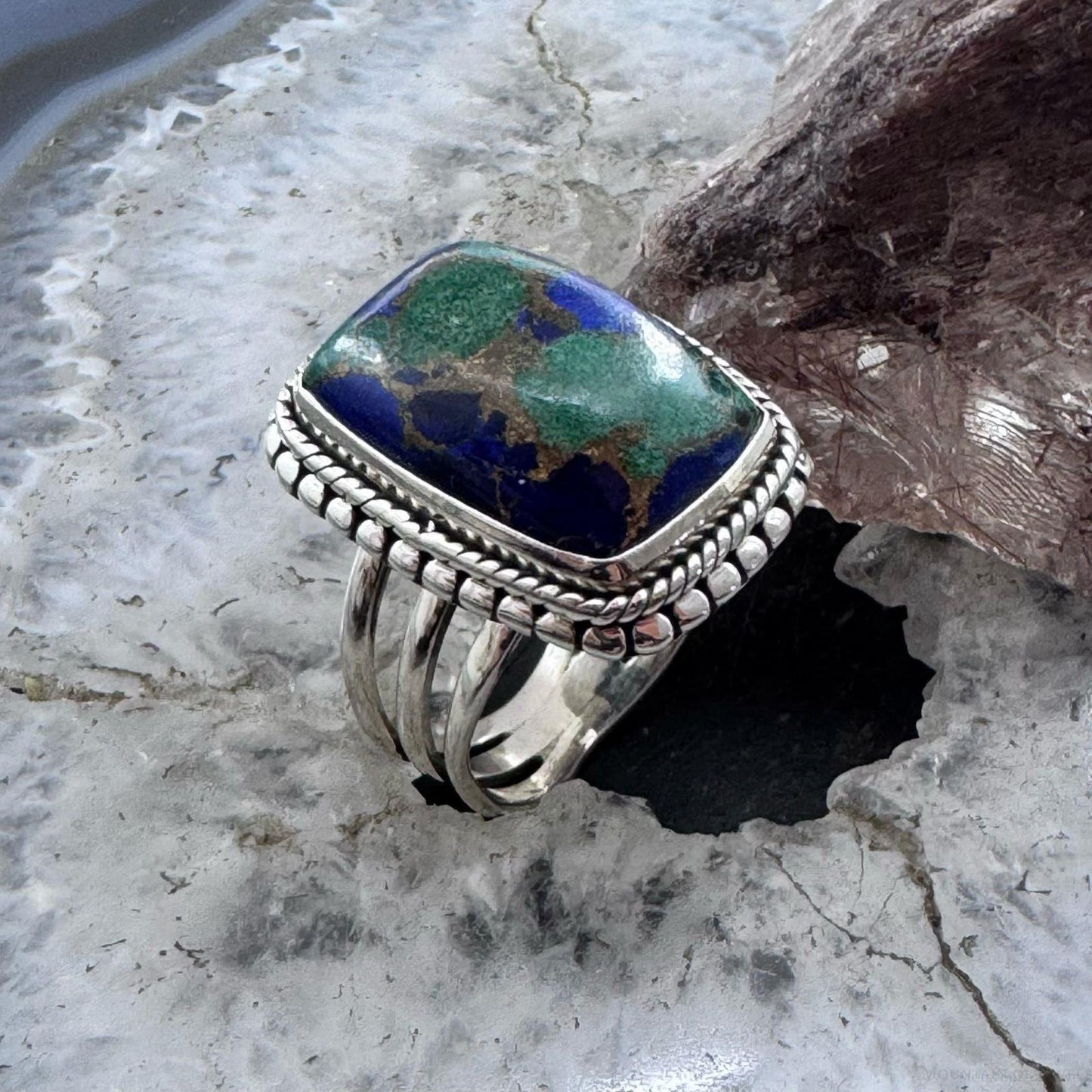 Sterling Silver Southwestern Style Malachite Azurite Ring Size 7.75 For Women