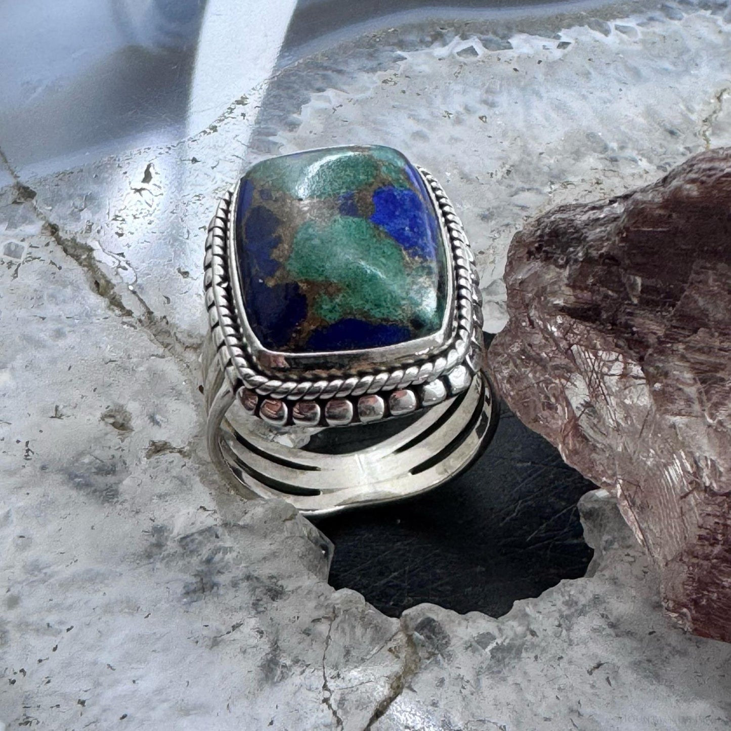 Sterling Silver Southwestern Style Malachite Azurite Ring Size 7.75 For Women