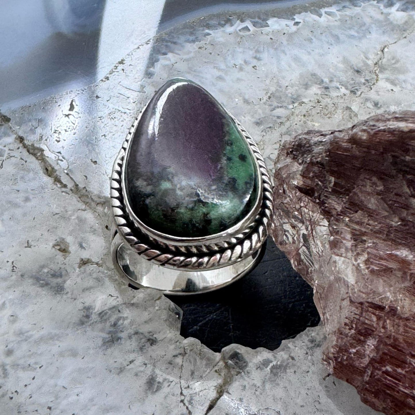 Sterling Silver Southwestern Style Teardrop Ruby Zosite Ring Size 7.25 For Women