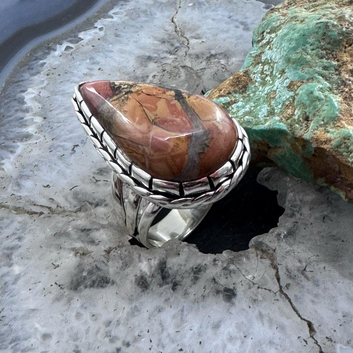 Sterling Silver Southwestern Style Teardrop Maligano Jasper Ring Size 8.5 For Women