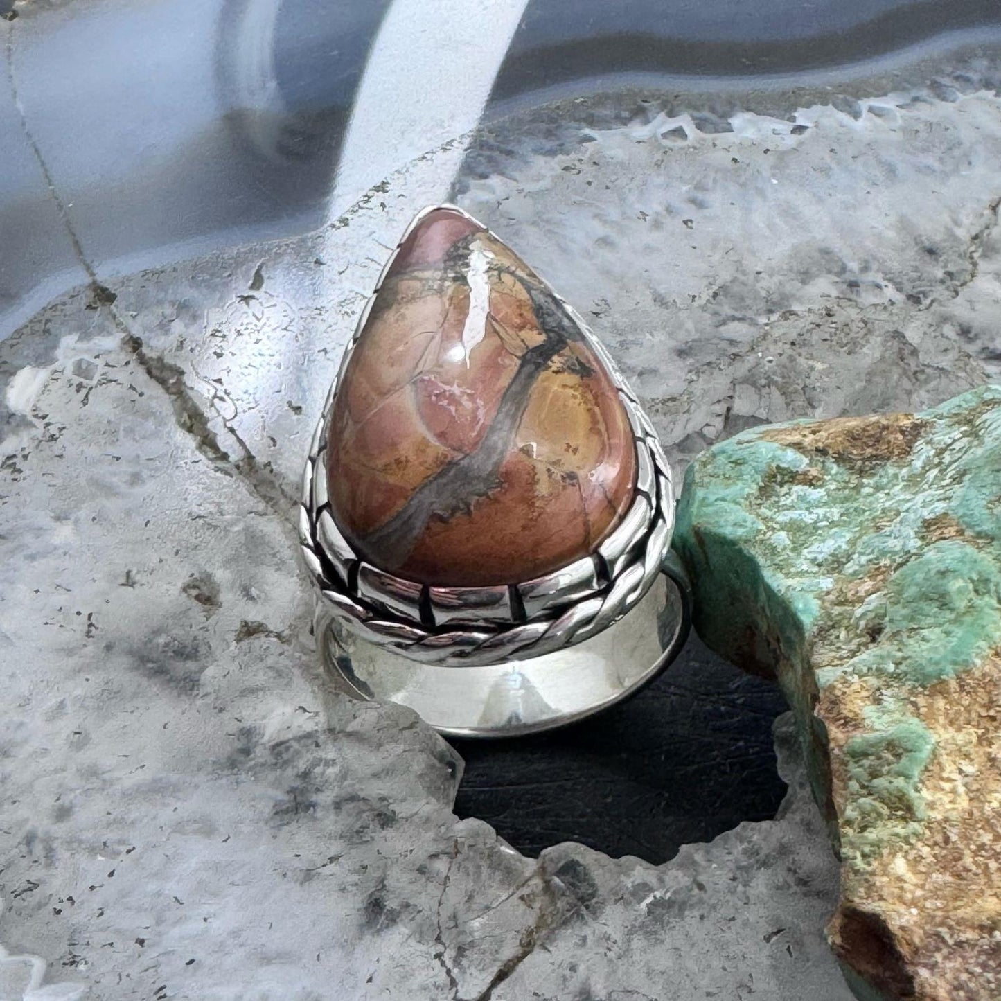 Sterling Silver Southwestern Style Teardrop Maligano Jasper Ring Size 8.5 For Women