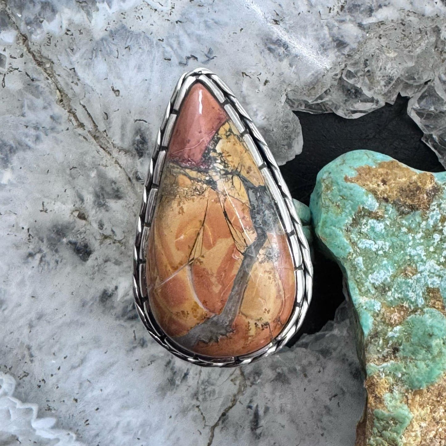 Sterling Silver Southwestern Style Teardrop Maligano Jasper Ring Size 8.5 For Women