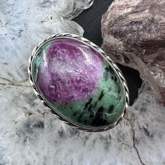 Sterling Silver Southwestern Style Oval Ruby Zosite Ring Size 7 For Women