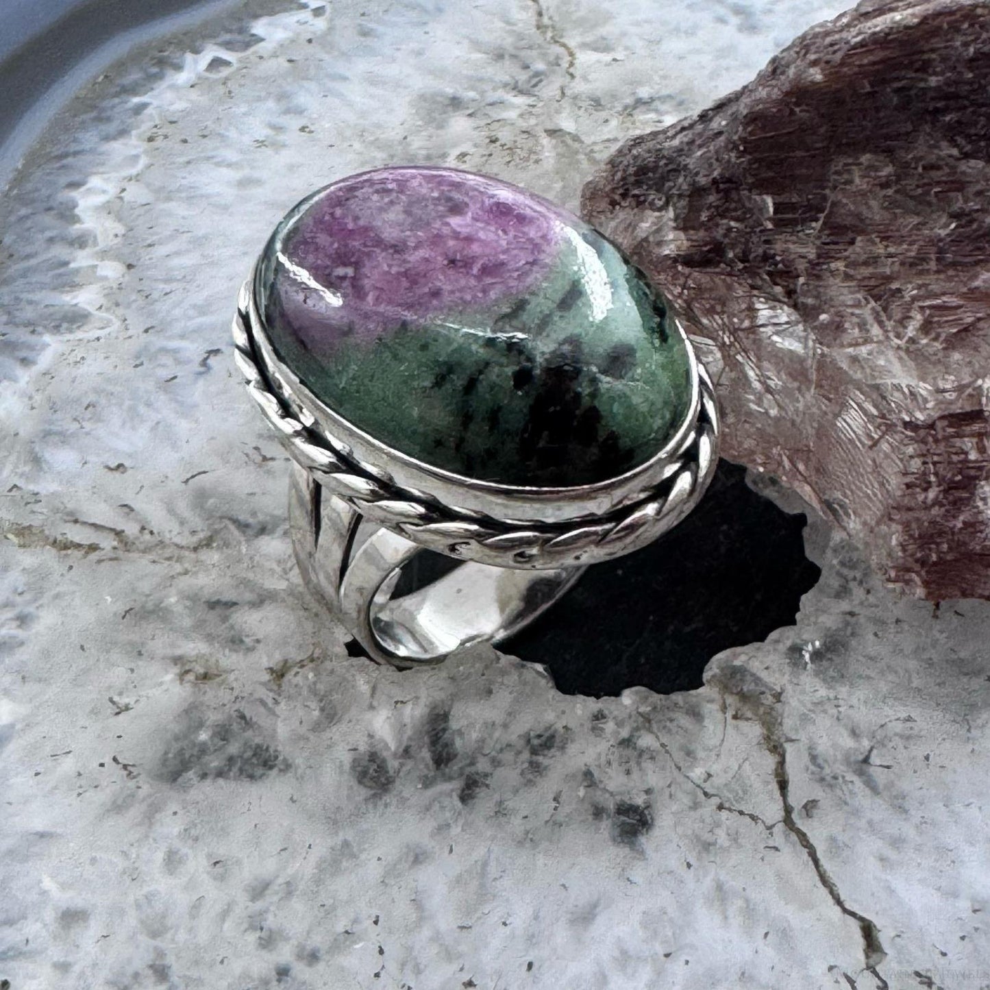 Sterling Silver Southwestern Style Oval Ruby Zosite Ring Size 7 For Women