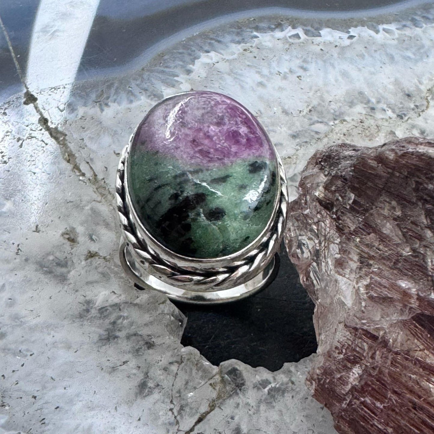 Sterling Silver Southwestern Style Oval Ruby Zosite Ring Size 7 For Women