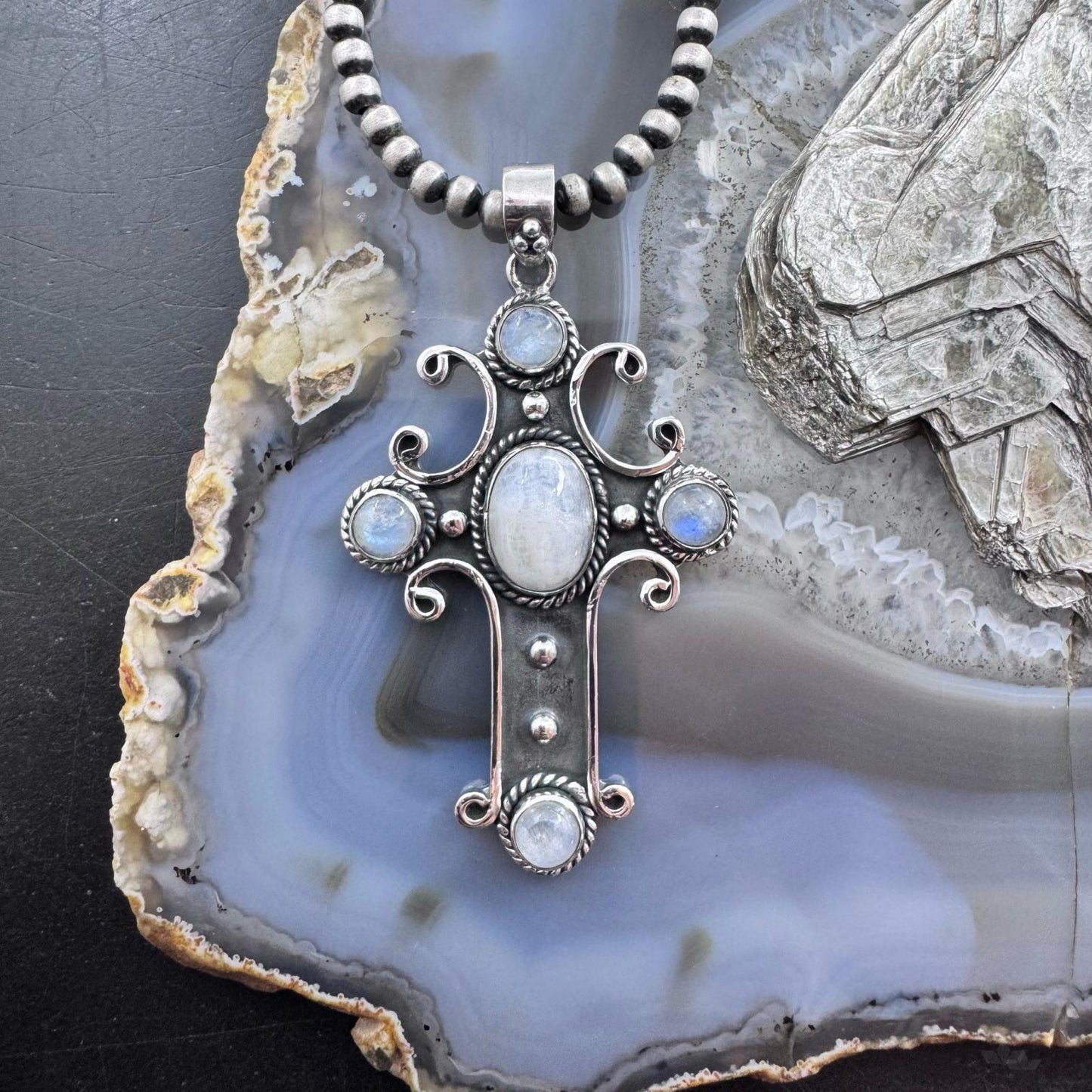 Sterling Silver Southwestern Style Moonstone Cross Pendant For Women