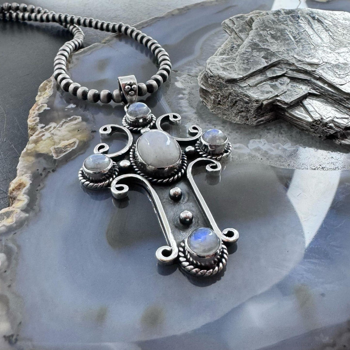 Sterling Silver Southwestern Style Moonstone Cross Pendant For Women