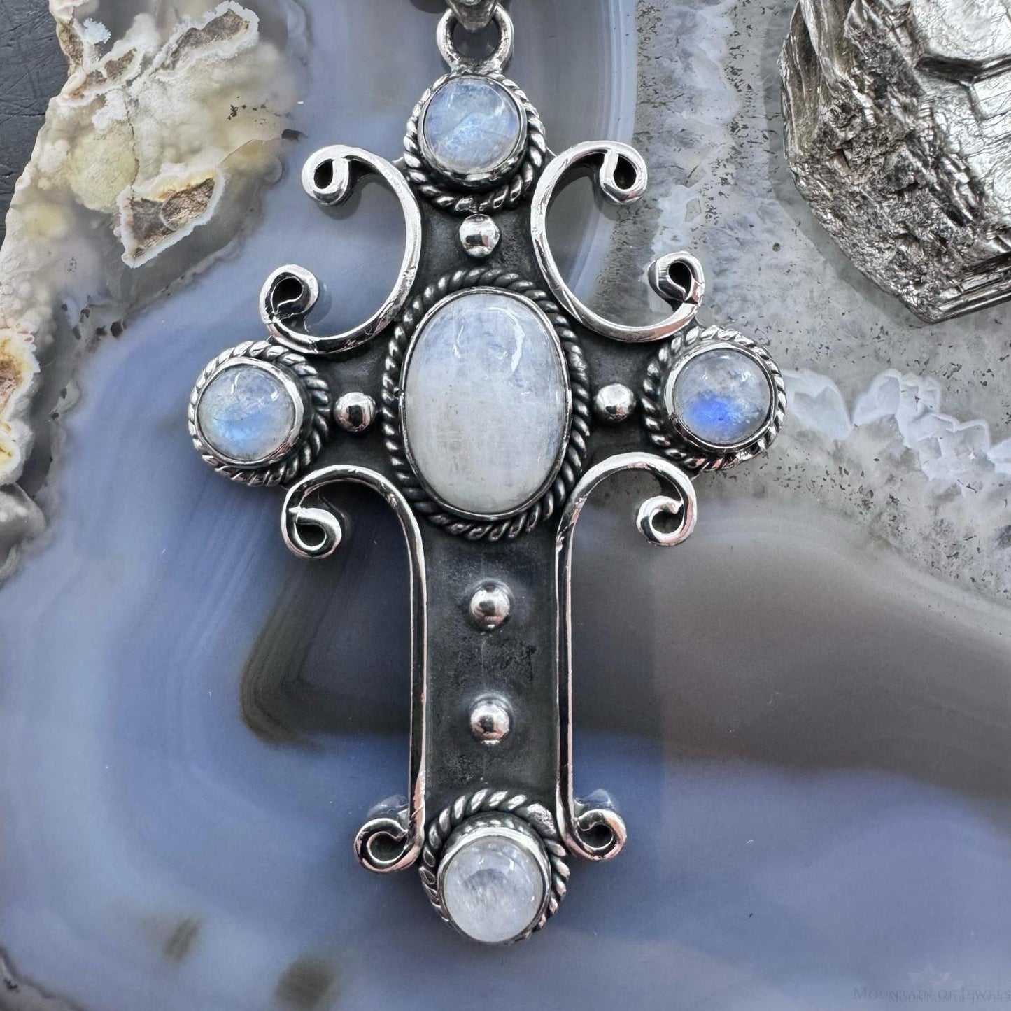 Sterling Silver Southwestern Style Moonstone Cross Pendant For Women
