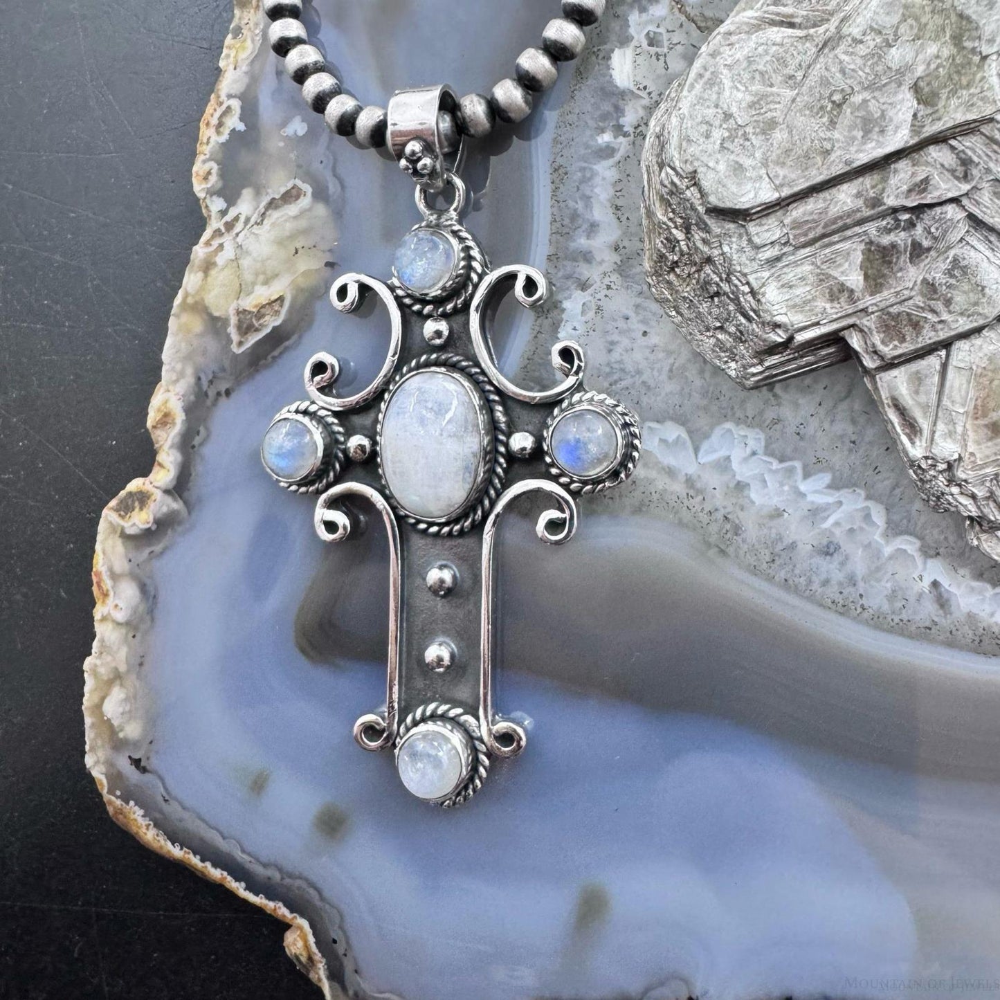 Sterling Silver Southwestern Style Moonstone Cross Pendant For Women