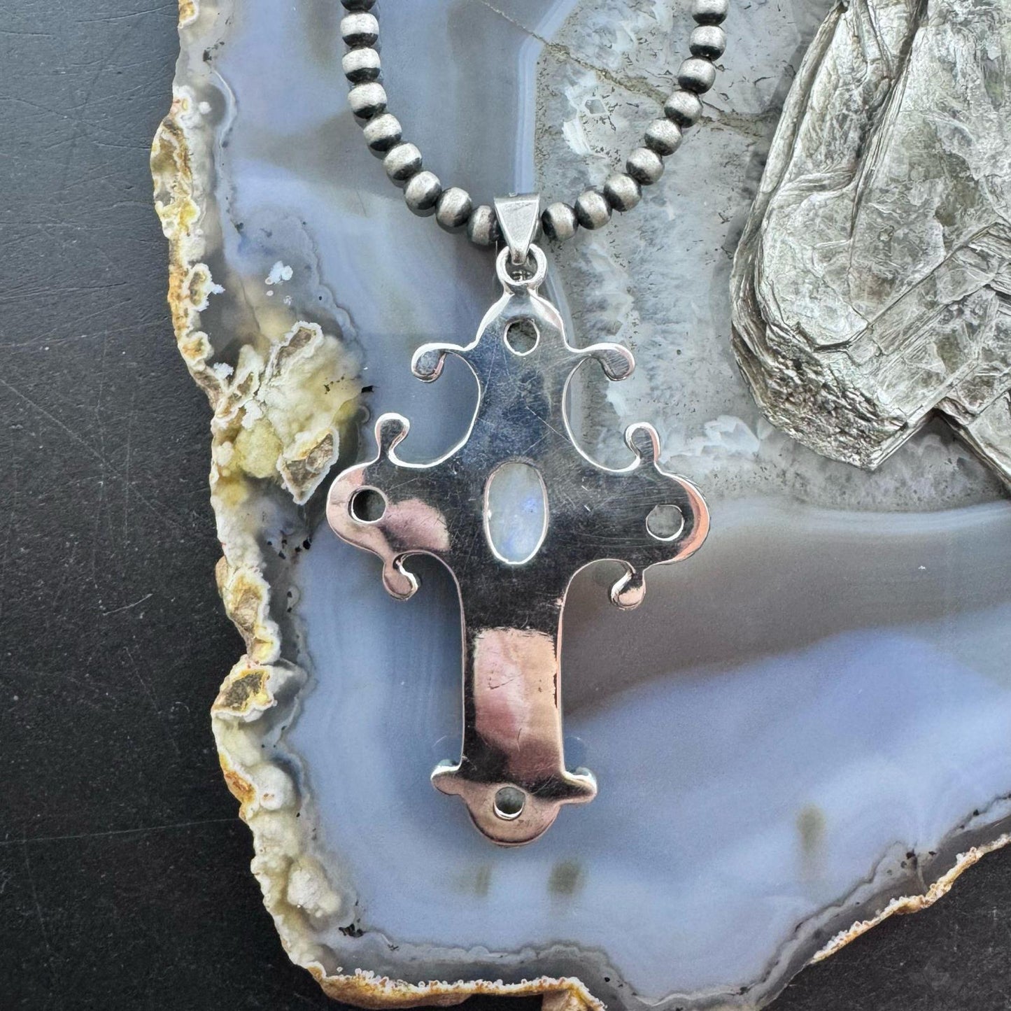 Sterling Silver Southwestern Style Moonstone Cross Pendant For Women