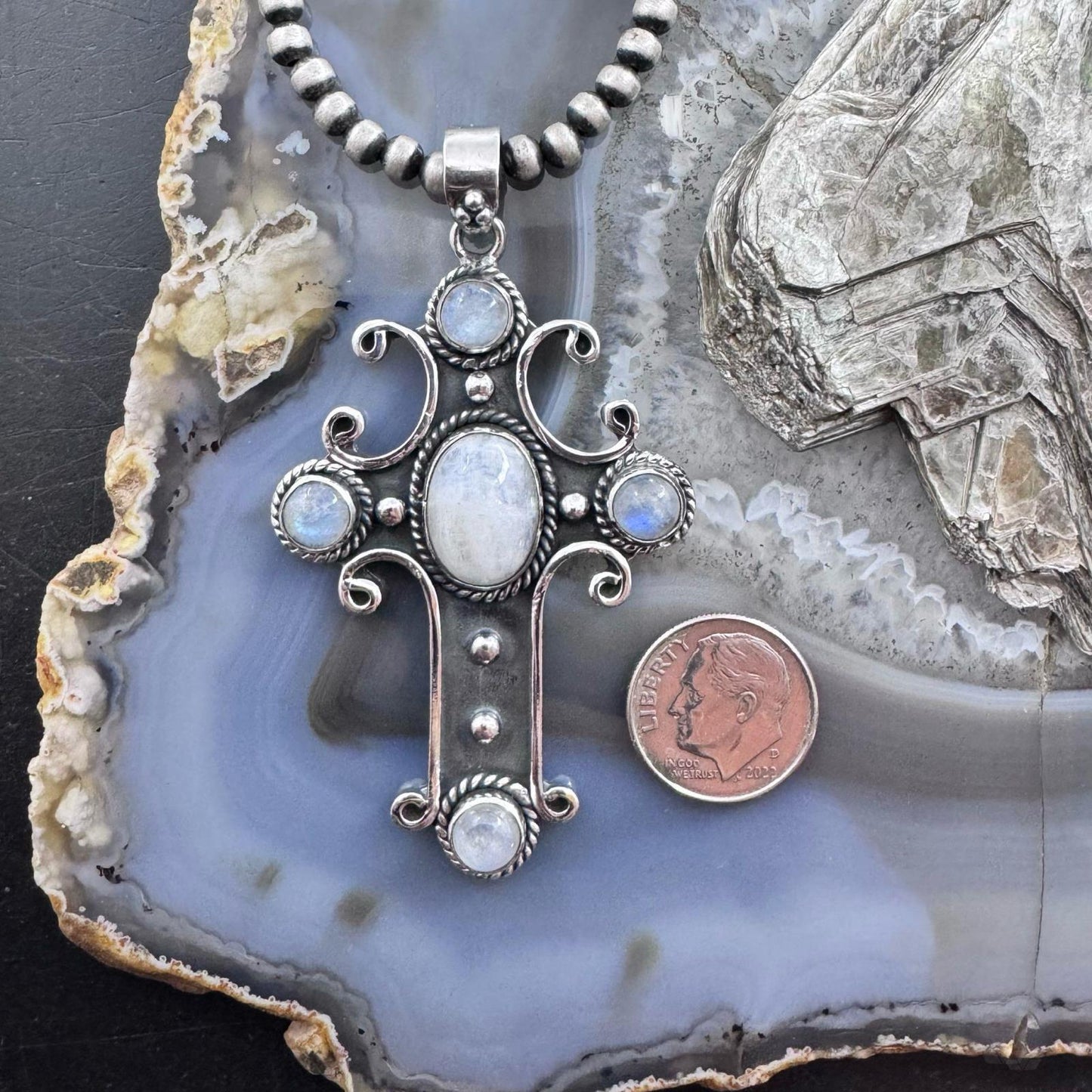 Sterling Silver Southwestern Style Moonstone Cross Pendant For Women