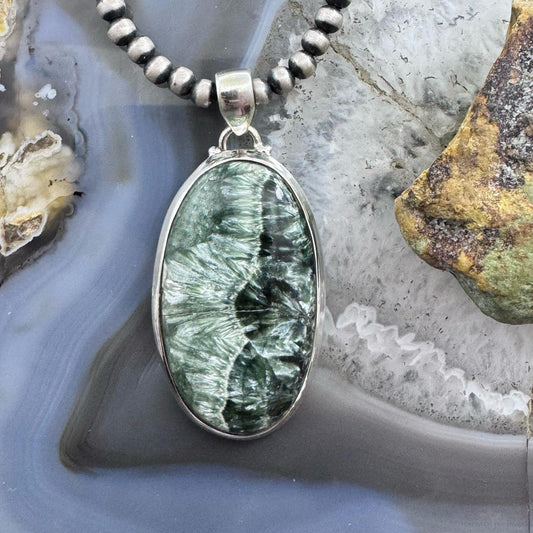 Sterling Silver Southwestern Style Large Oval Serpentine Pendant For Women