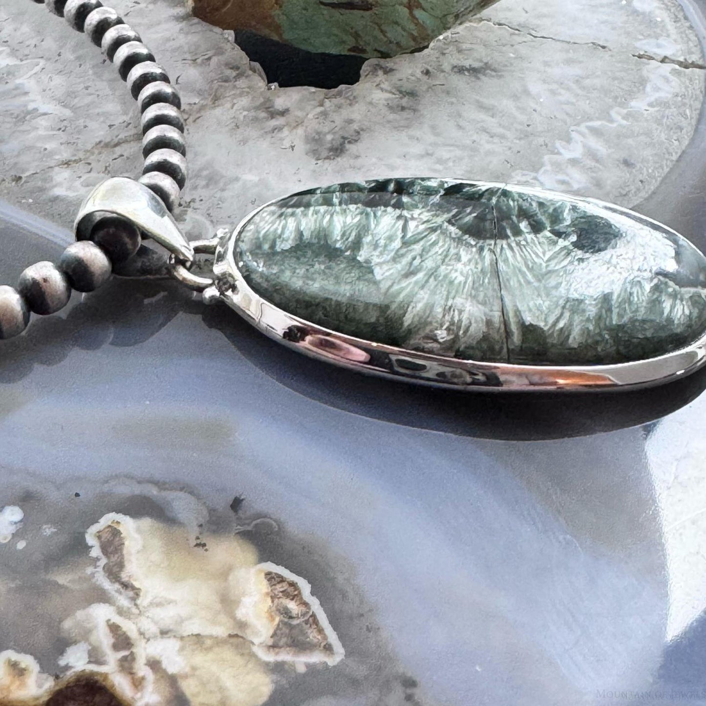 Sterling Silver Southwestern Style Large Oval Serpentine Pendant For Women