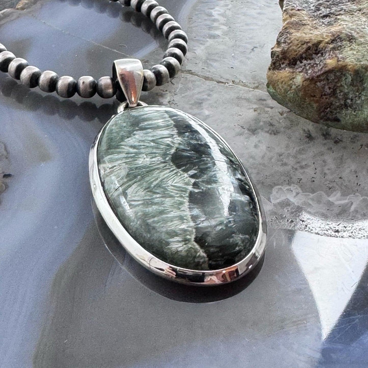 Sterling Silver Southwestern Style Large Oval Serpentine Pendant For Women