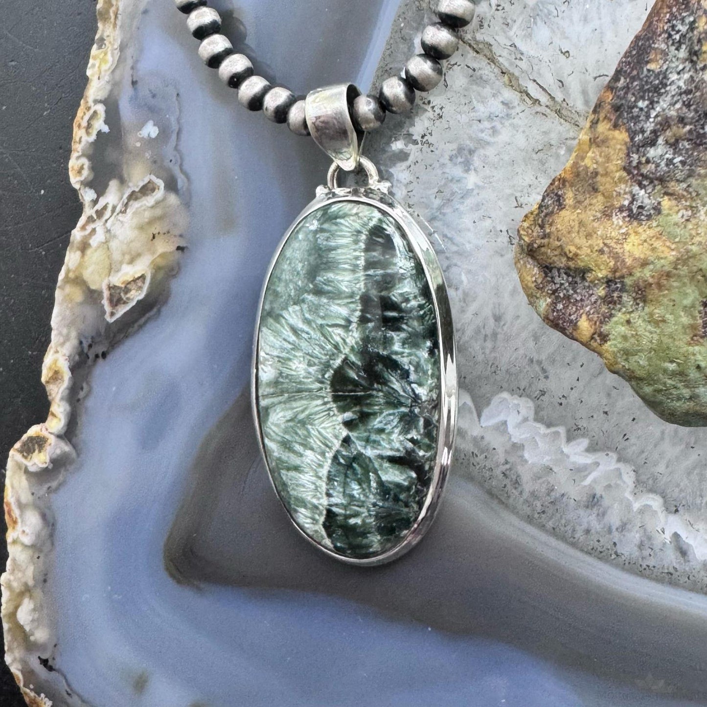 Sterling Silver Southwestern Style Large Oval Serpentine Pendant For Women