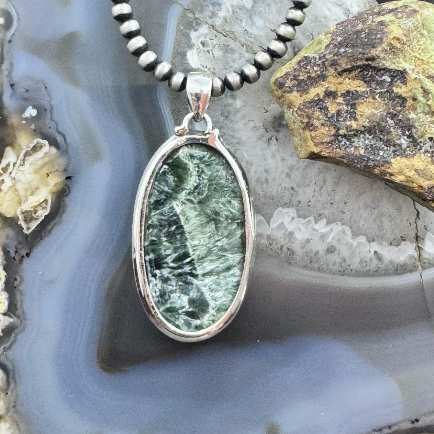 Sterling Silver Southwestern Style Large Oval Serpentine Pendant For Women