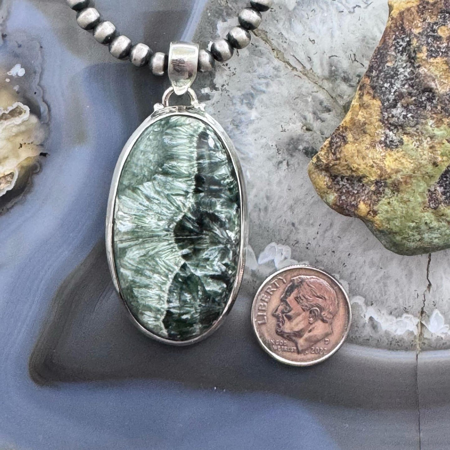 Sterling Silver Southwestern Style Large Oval Serpentine Pendant For Women