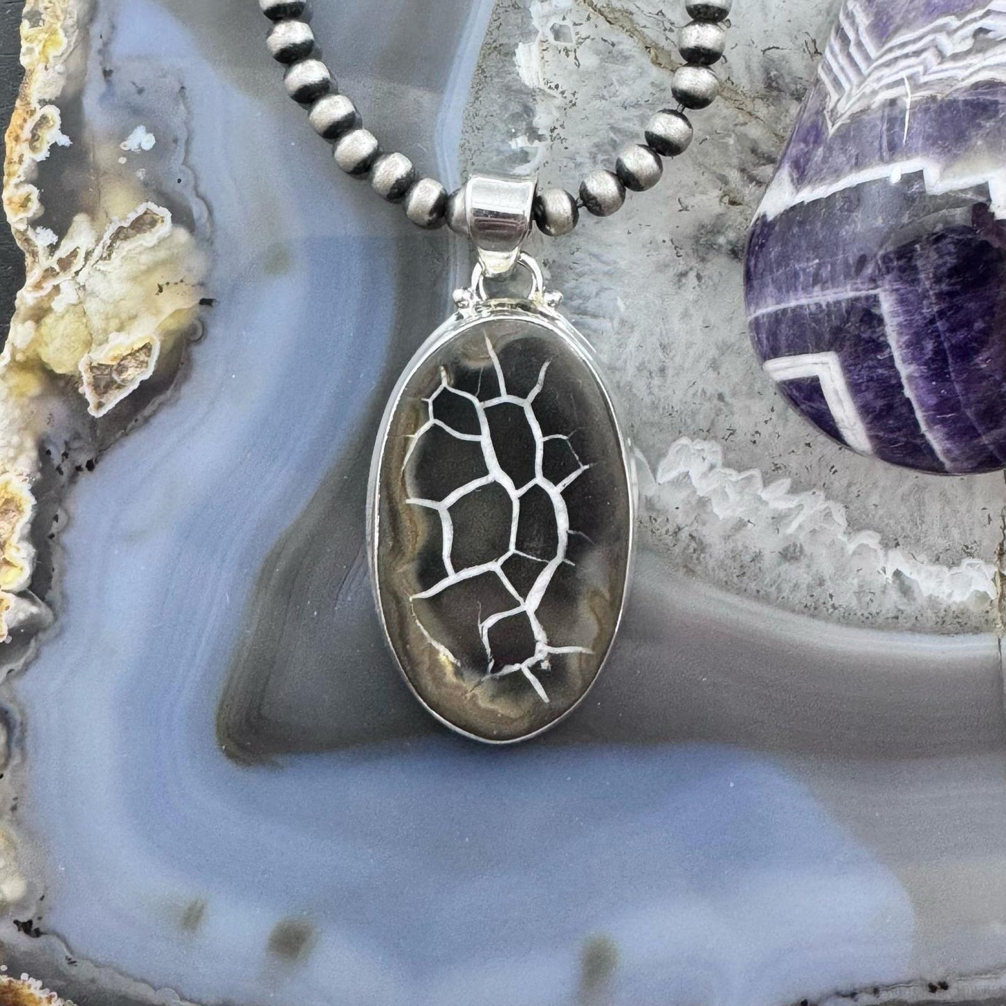 Sterling Silver Southwestern Style Oval Septarian Pendant For Women