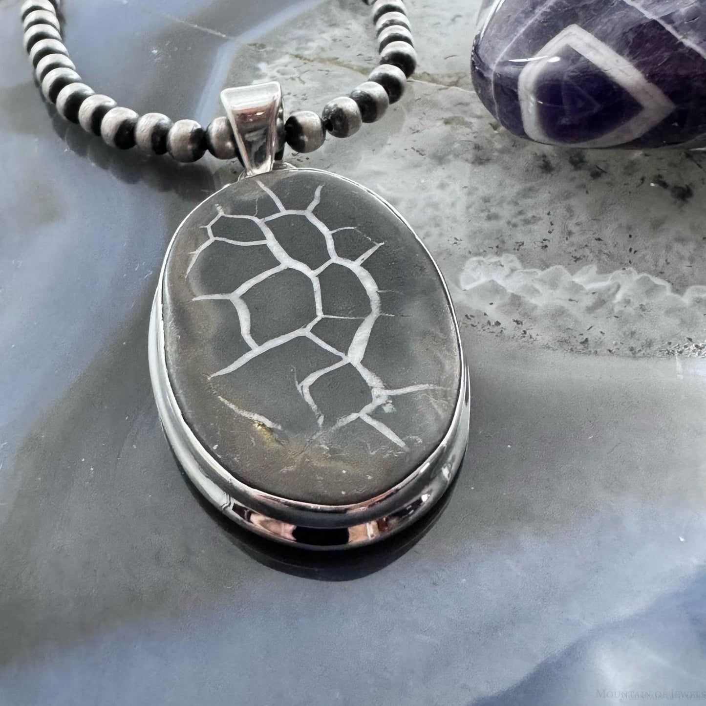Sterling Silver Southwestern Style Oval Septarian Pendant For Women