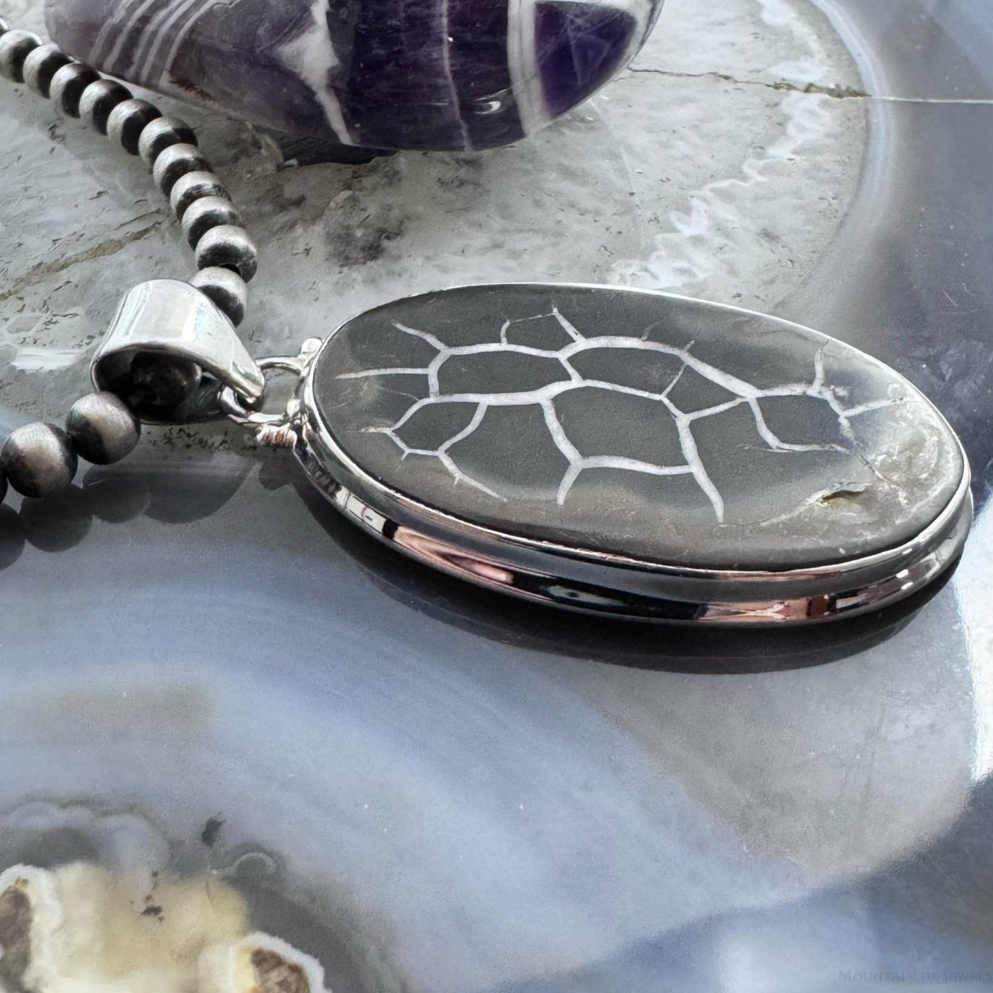 Sterling Silver Southwestern Style Oval Septarian Pendant For Women