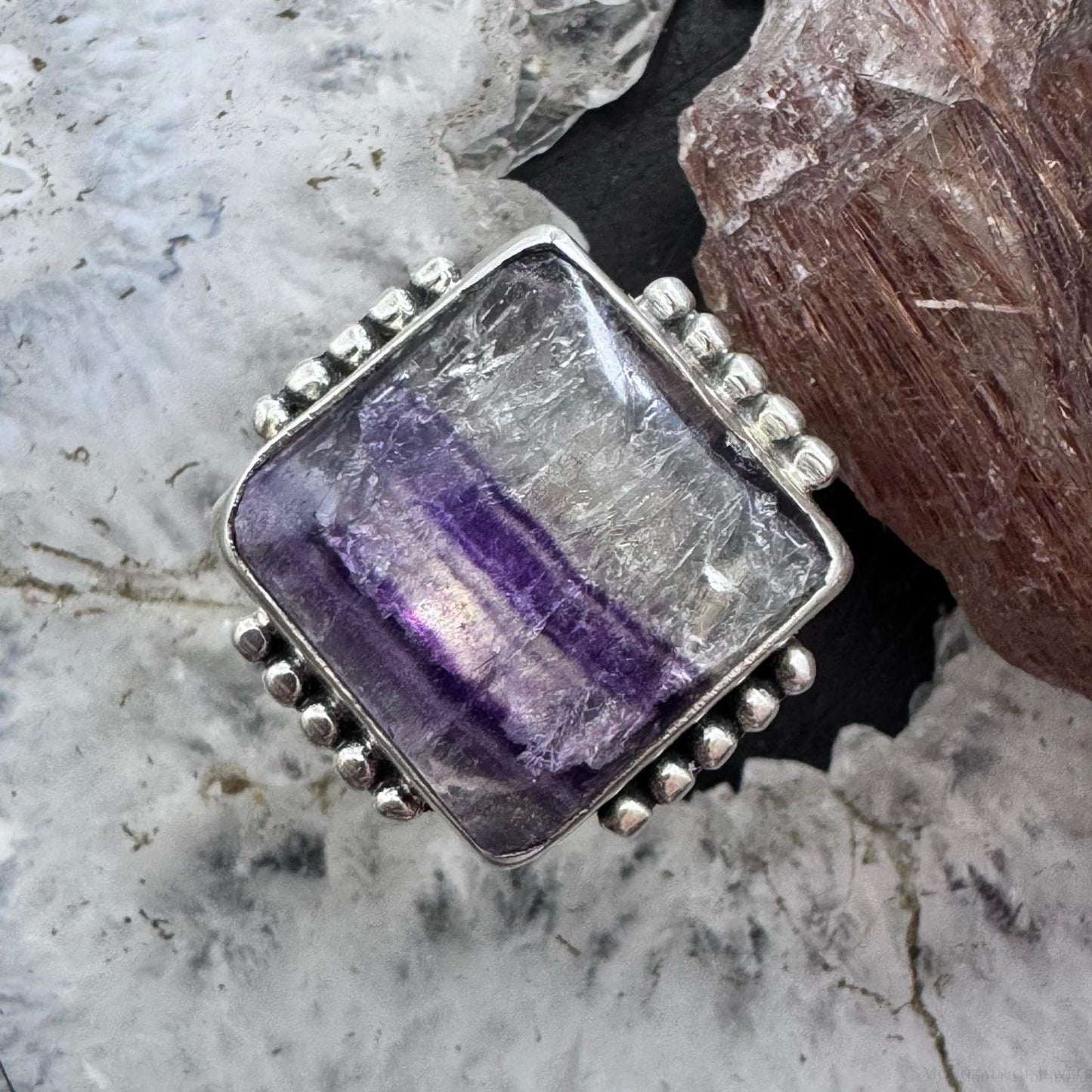 Sterling Silver Southwestern Style Square Flourite Ring Size 9.5 For Women