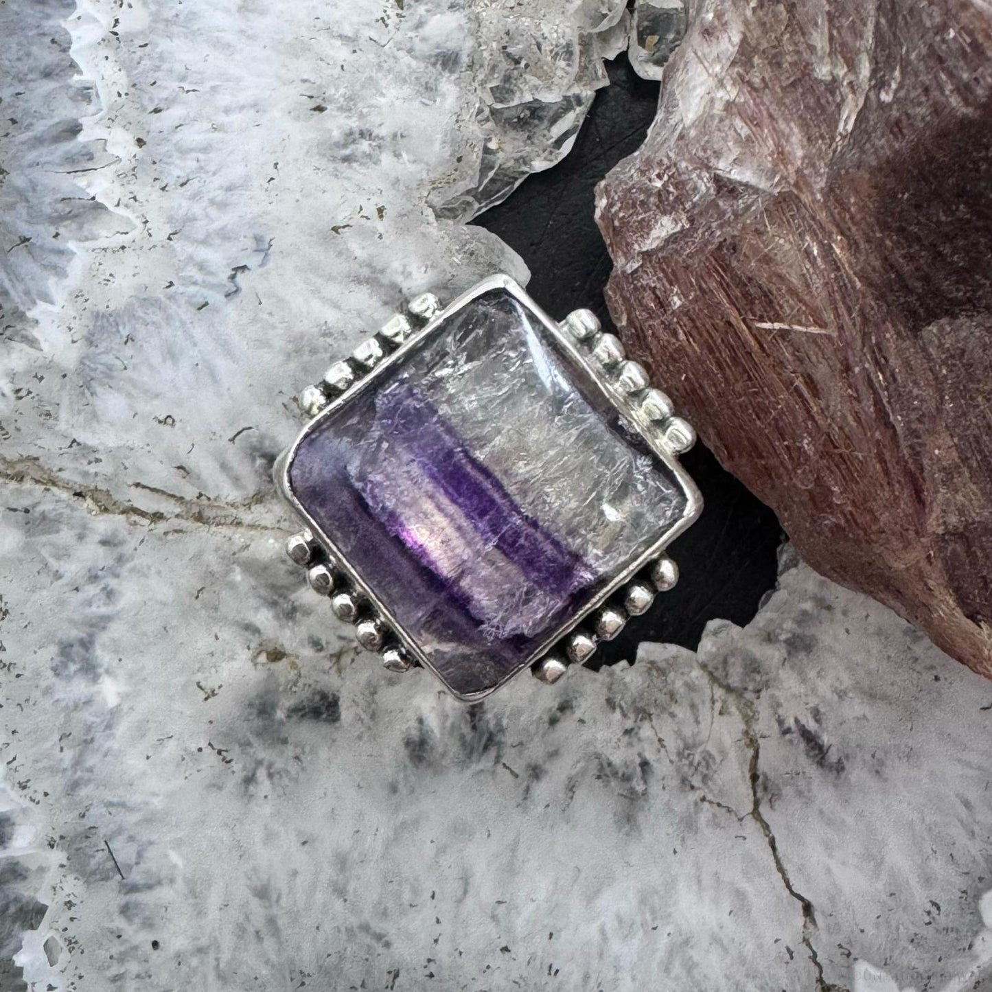 Sterling Silver Southwestern Style Square Flourite Ring Size 9.5 For Women