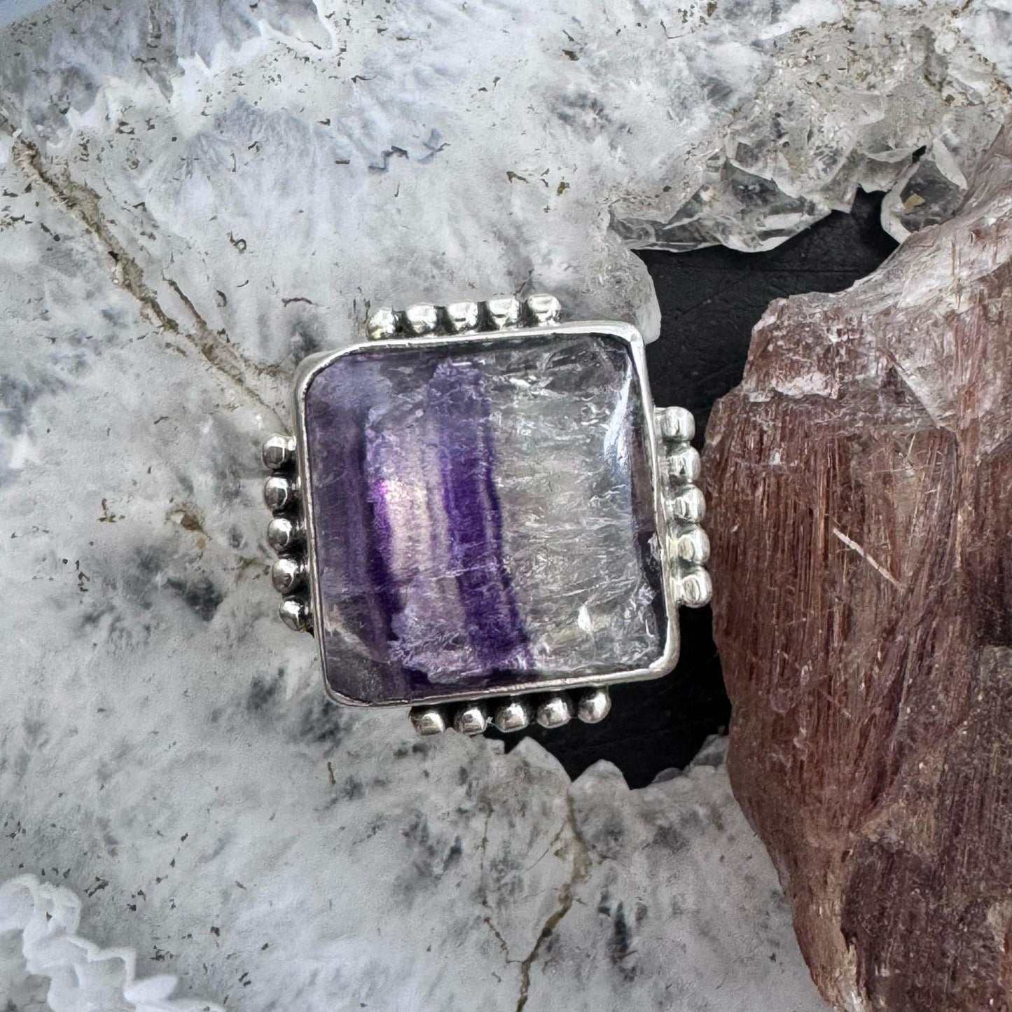 Sterling Silver Southwestern Style Square Flourite Ring Size 9.5 For Women